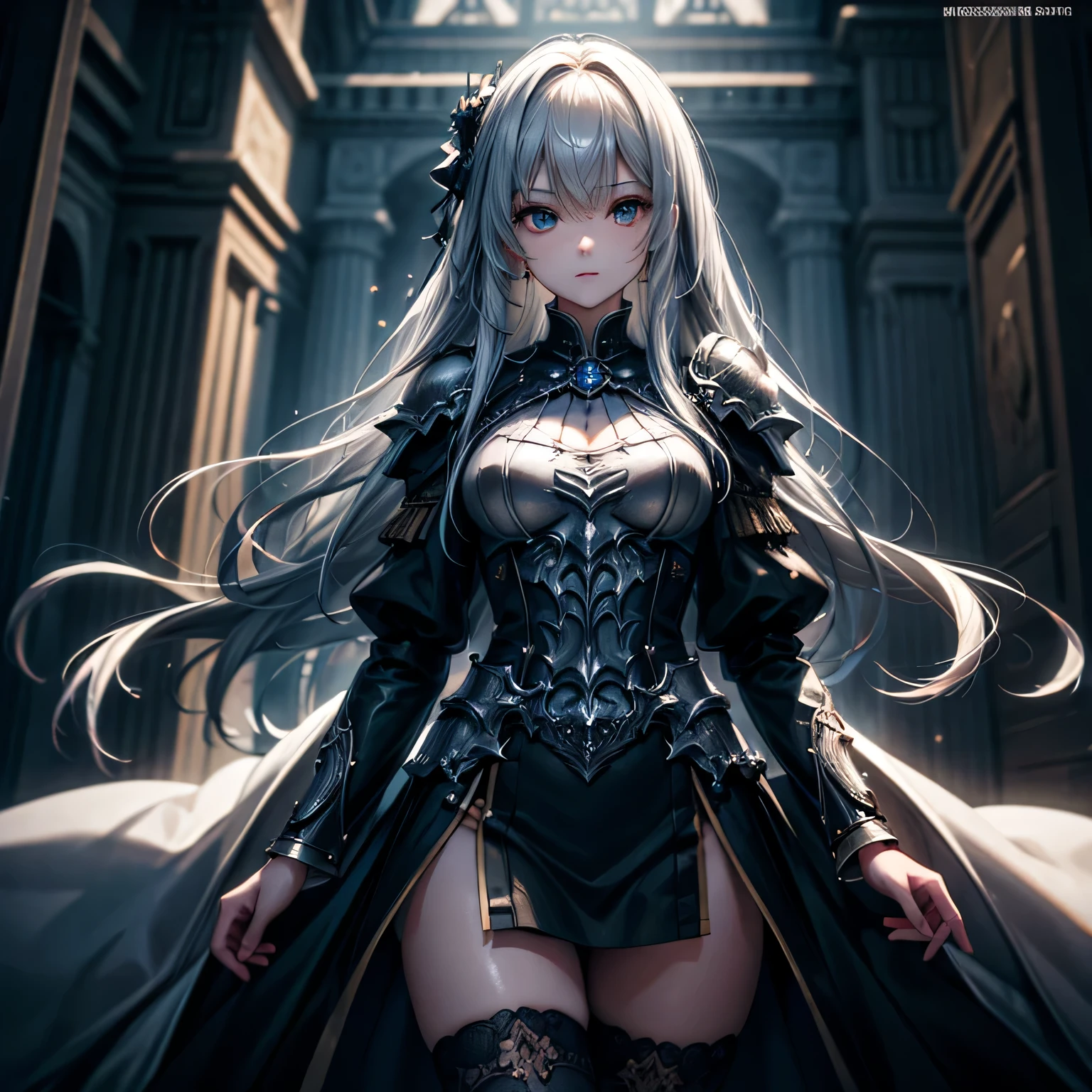(highest quality、masterpiece)、(Super detailed)、Very detailed CG、8k、unreal engine、3D rendering、beautiful mechanic、((high contrast))、(High chroma)、((very delicate and beautiful))、reflect light、High resolution backgrounds、beautiful and delicate haine eye、detailed beautiful face)、high resolution skin、one woman、long silver hair、golden armor、full armor、cloak、city、palace、floating particles of light、skull、skeleton、zombie、undead、cowboy shot、turn around