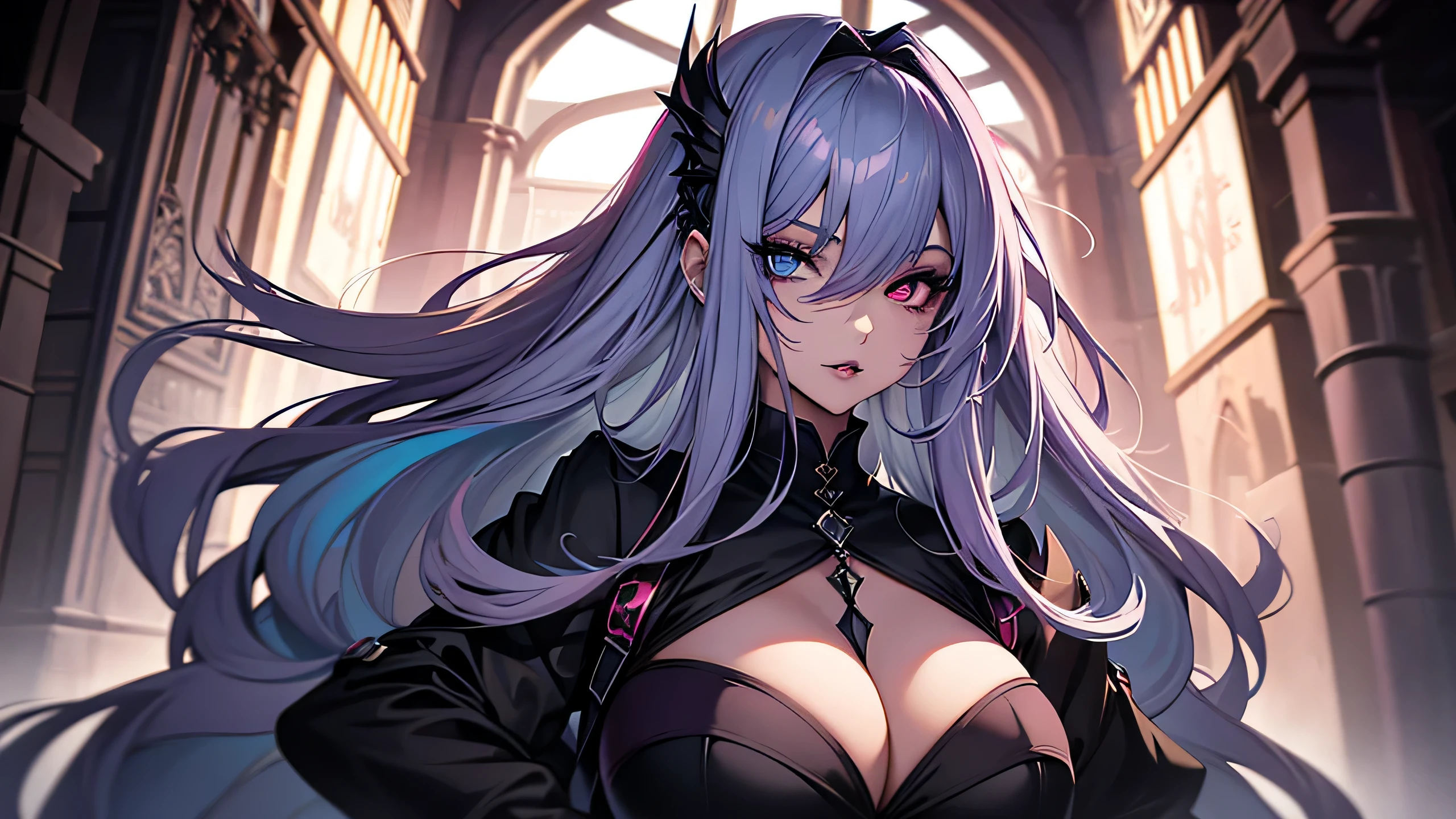 anime girl, 1girl, solo emo, goth, black makeup, black lipstick, white skintone, white skin, light blue hair, red and blue mixed eye color, heterochromia, different eye colors, tuxedo, fancy, suit, very long hair, tall. tall woman, matute woman, older woman, 25 year old woman, milf, seductive, attractive, sexy face, gothic, cute face, pretty nose, pretty lips, purple red blue pink orange background, full body, anime girl in black and pink outfit posing for a picture, medieval art by Yang J, pixiv, gothic art, seductive anime girl, extremely detailed artgerm, beautiful alluring anime woman,