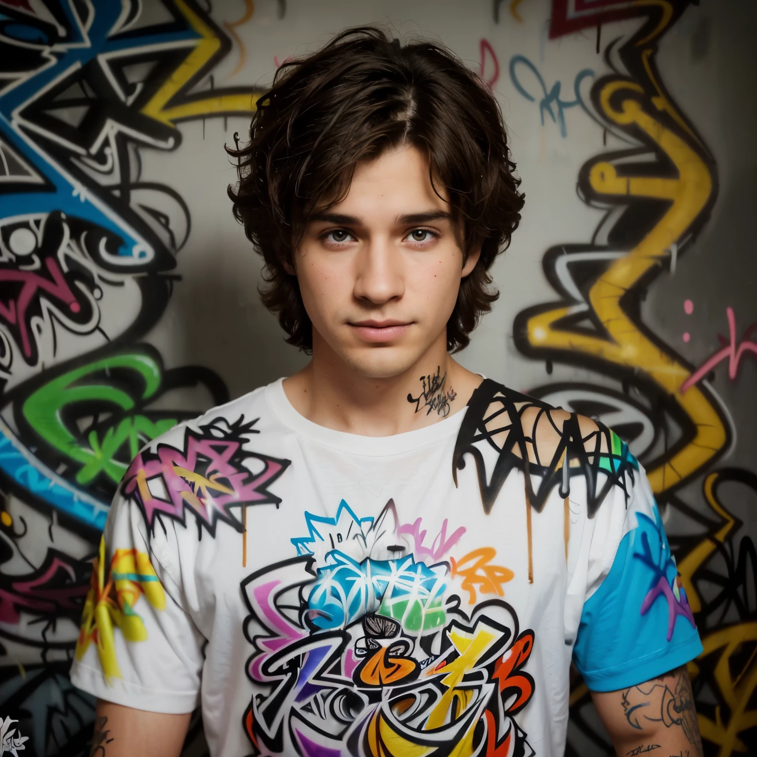 Cartoon , similar to a Disney prince, with dark brown hair, curly, super cute, colorful drawing (((graffiti art) (by Karen Griffith))), crazy detail, intricate detail, super detail, cinematic soft lighting, exposure blend, HDR 8k, saturated colors in the foreground