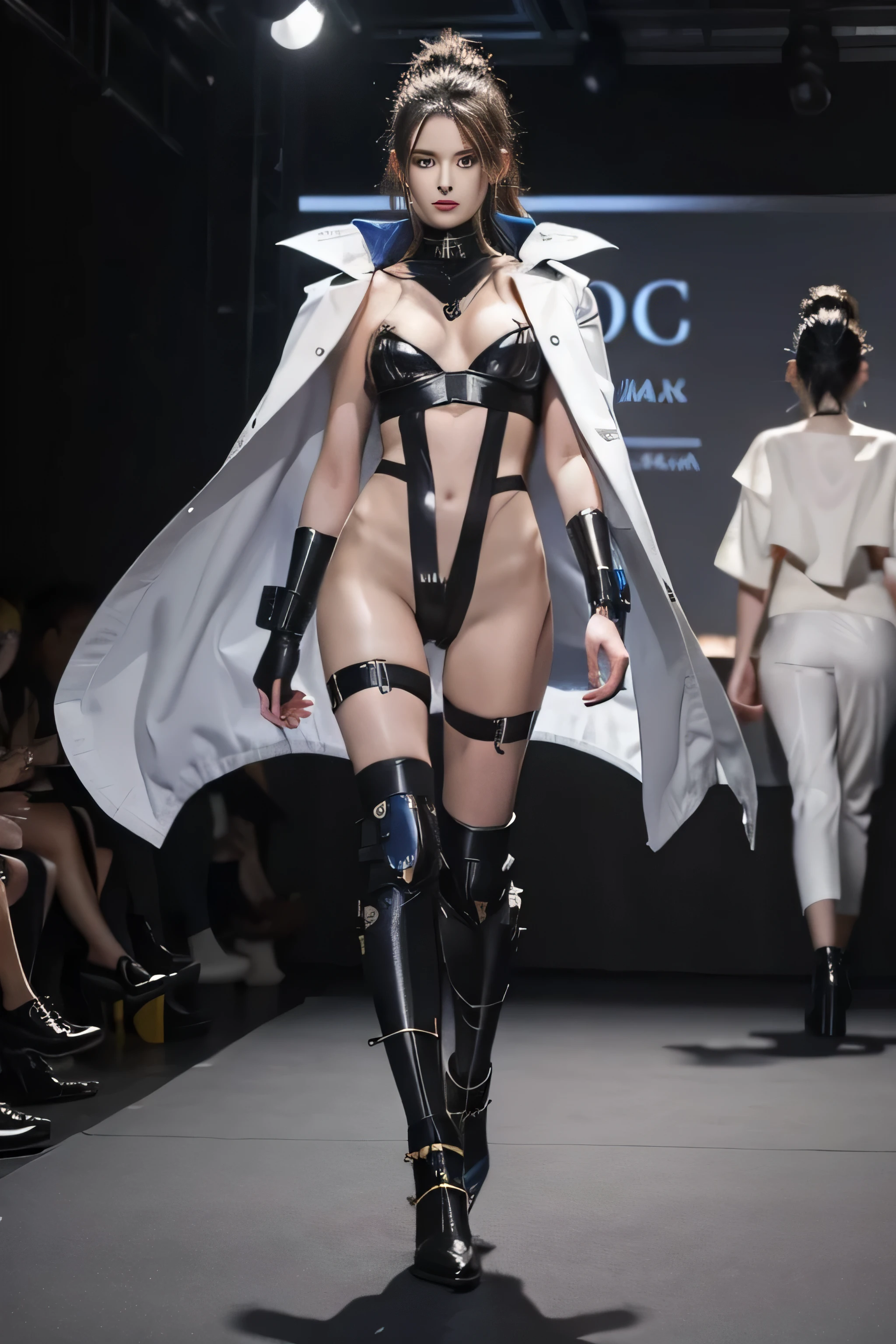 fashion show of the future, futuristic podium, Models of the future on the fashion catwalk, Beautiful, bright armor in cyberpunk style, walk upright.