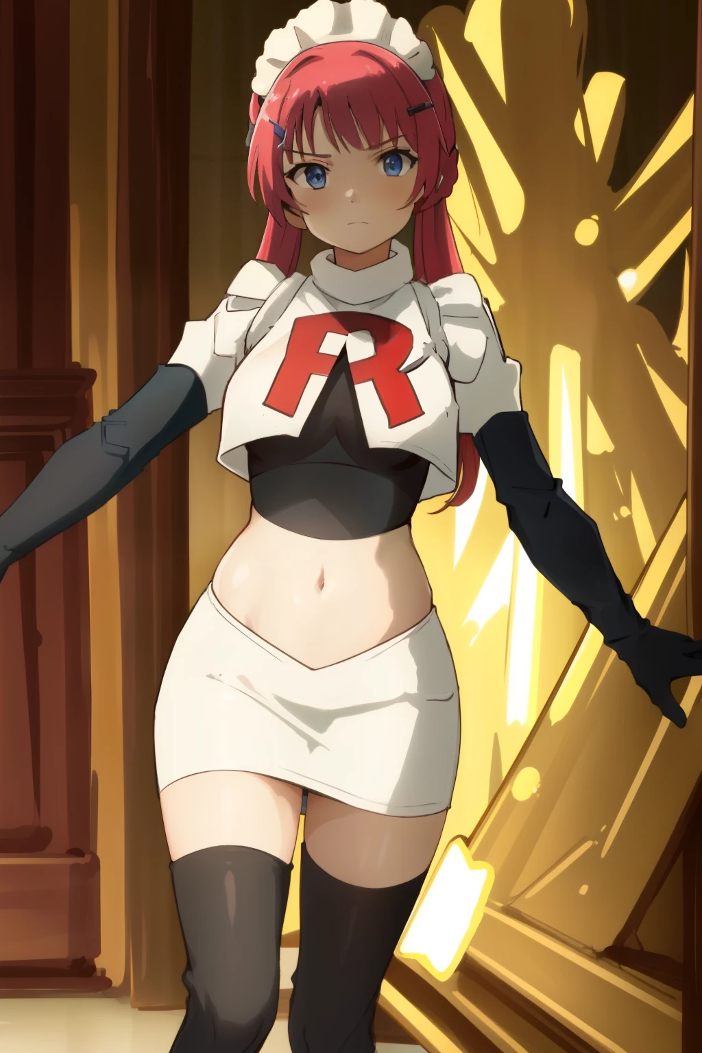 hntsadl_rose, hairclip,maid headband,team rocket,team rocket uniform,white skirt,red letter R,crop top,black thigh-highs,black elbow gloves, BREAK looking at viewer, cowboy shot, 1girl, solo, high contrast, sharp focus, masterpiece, best quality, highly detailed, HDR, highest quality, highres, sharp focus, 8k, 16k, skin pores, dynamic lights, realistic shadows, best shading, award winning masterpiece