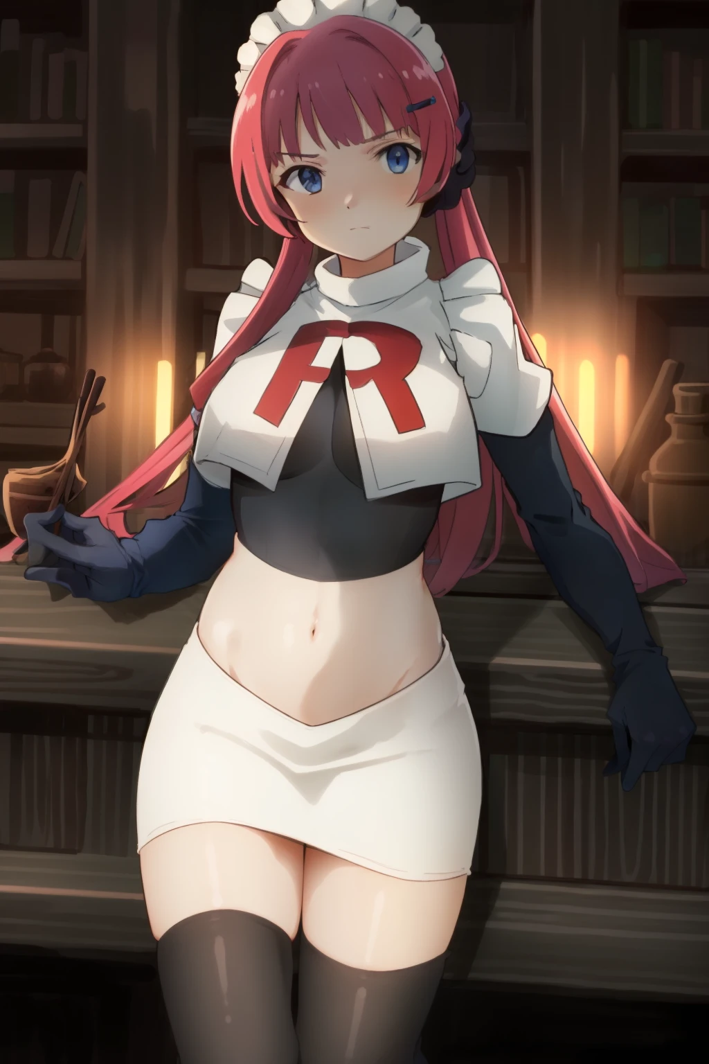 hntsadl_rose, hairclip,maid headband,team rocket,team rocket uniform,white skirt,red letter R,crop top,black thigh-highs,black elbow gloves, BREAK looking at viewer, cowboy shot, 1girl, solo, high contrast, sharp focus, masterpiece, best quality, highly detailed, HDR, highest quality, highres, sharp focus, 8k, 16k, skin pores, dynamic lights, realistic shadows, best shading, award winning masterpiece