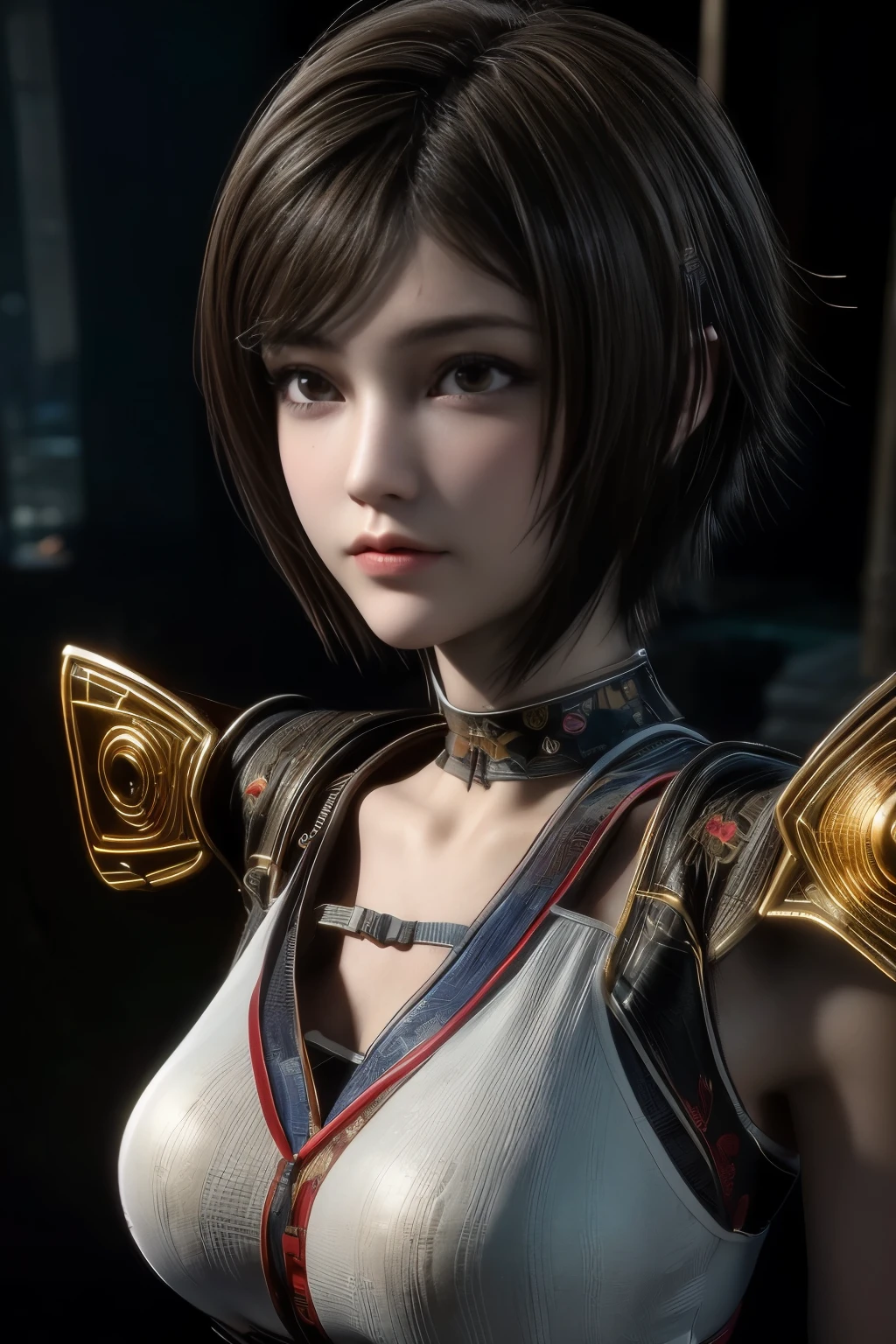 Masterpiece,Game art,The best picture quality,Highest resolution,8K,(Portrait),Unreal Engine 5 rendering works,(Digital Photography),((Portrait Feature:1.5)),
20 year old girl,Short hair details,With long bangs,(The red eye makeup is very meticulous),(White with short hair:1.4),(Large, full breasts),Elegant and noble,Brave and charming,
(Cyberpunk combat suit combined with the characteristics of Chinese fairy costume,Combined with the characteristics of Dunhuang costumes,Ribbon,Golden pattern),Cyberpunk figures,Big moon background,
Movie lights，Ray tracing，Game CG，((3D Unreal Engine))，OC rendering reflection pattern