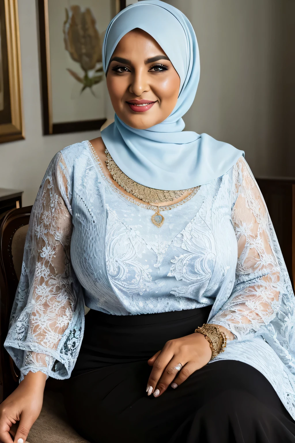 moda gorda, a beautiful 60 year old Arab woman, curvy body, usando um hijab, usando um niaq, usando burca, Realista, Gordinho, intricado, hyper Realista, 8K, intricadoly detailed, cinematic, stunning Realista photography, rosto perfeitamente detalhado, altamente detalhado, vibrante, pele natural, Textura de pele real, octane rendering, cabelo branco, cara feliz, neckless, pulseiras, lindo atemporal, linda coxa, Sentado em uma cadeira, USANDO BLUSA DE RENDA PRETA, sorridente