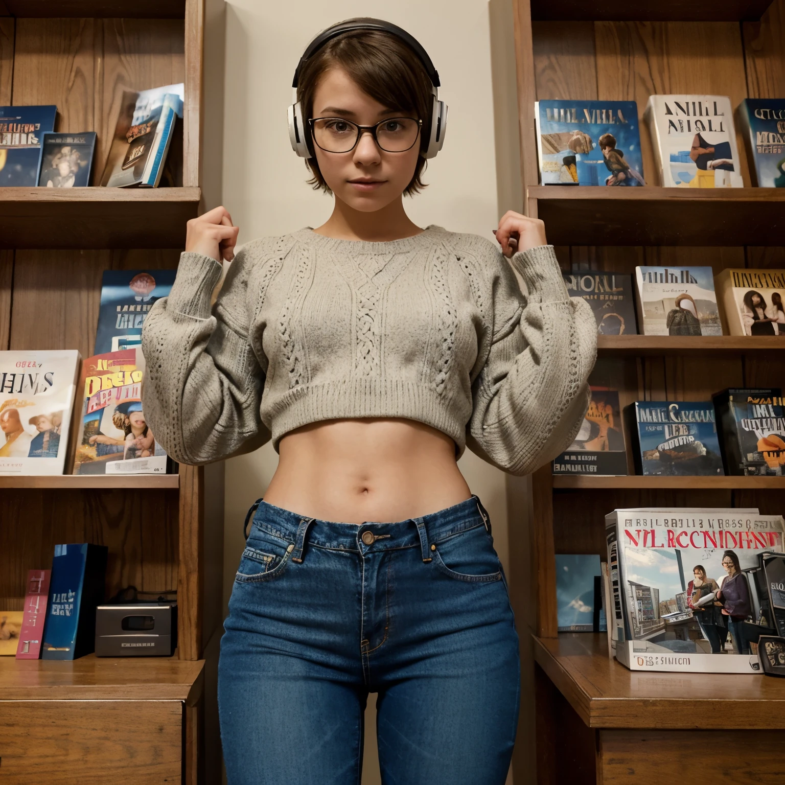 Realistic, detailed, young girl, short hair, wears jeans and sweater , that shows a bit of her stomach, wears the headphones and glasses, looks at the bookshelf in a bookstore