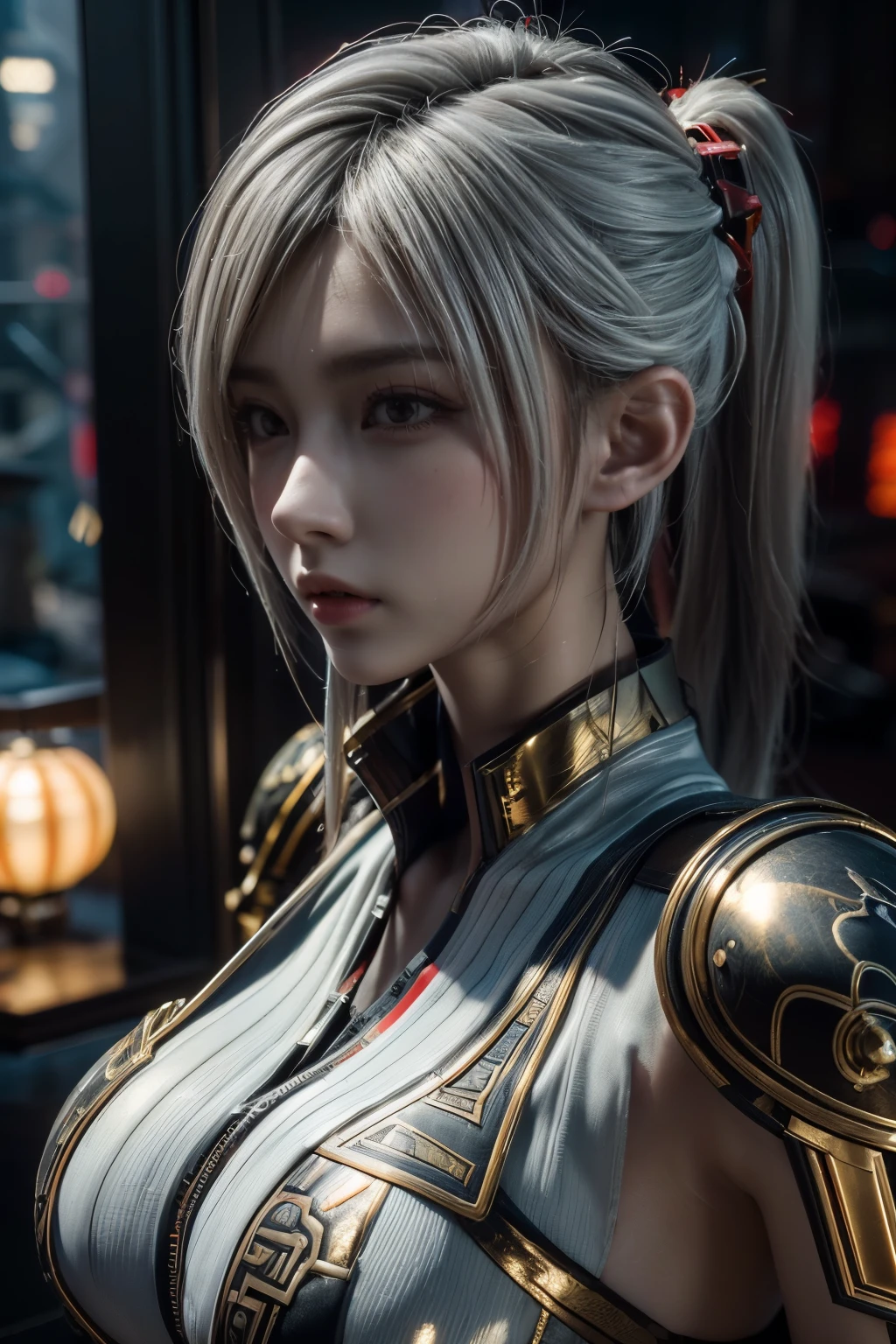 Masterpiece,Game art,The best picture quality,Highest resolution,8K,(Portrait),Unreal Engine 5 rendering works,(Digital Photography),((Portrait Feature:1.5)),
20 year old girl,Short hair details,With long bangs,(The red eye makeup is very meticulous),(White with short hair:1.4),(Large, full breasts),Elegant and noble,Brave and charming,
(Cyberpunk combat suit combined with the characteristics of Chinese fairy costume,Combined with the characteristics of Dunhuang costumes,Ribbon,Golden pattern),Cyberpunk figures,Big moon background,
Movie lights,Ray tracing,Game CG,((3D Unreal Engine)),OC rendering reflection pattern