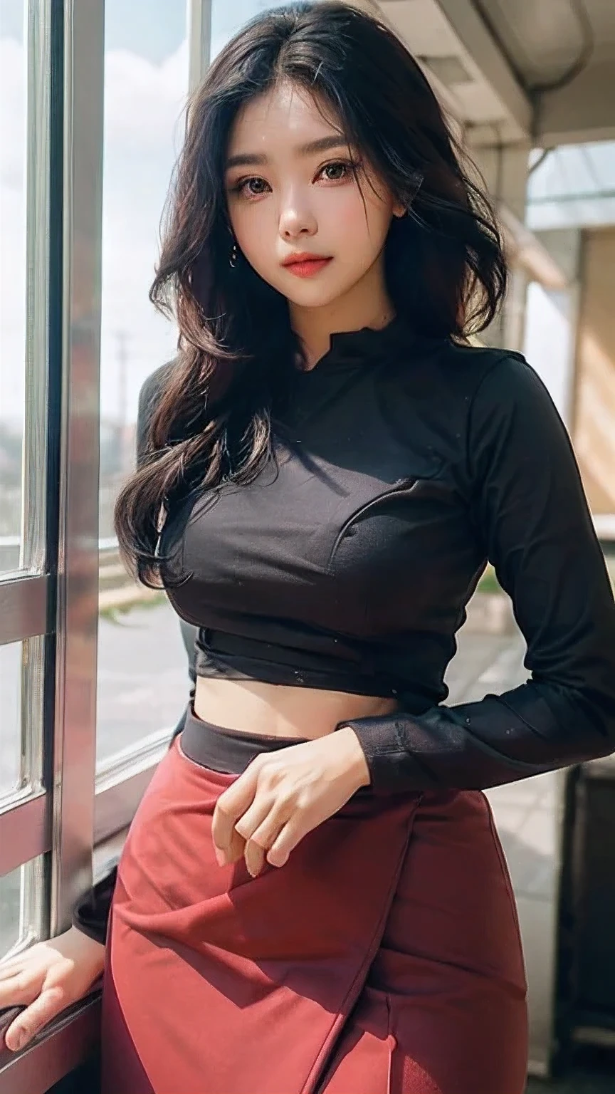 8k, RAW Photo, Photorealistic: 1.25), (Lip Gloss, Eyelashes, Glossy Face, Glossy Skin, Best Quality, Ultra High Resolution, Depth of Field, Chromatic Aberration, Caustics, Moisturized Lips, Ultra-Trimmed Face, Radiant Detailed Eyes, Black Hair, Semi-Long, 1 girl,  wearing acmm top, red acmm top, long sleeves, wearing acmm long skirt, red acmm long skirt, printed skirt, outdoors, sun lighting.