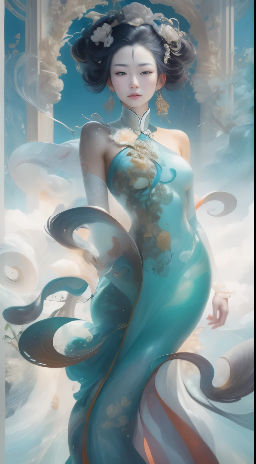 Surrealism, concept art, Classicism, Backlighting, Bloom, Optical illusion, wide angle, Shoot at eye level, expected insert, Ultra high quality, masterpiece, textured skin, Ultra-detailed, high quality, Award-winning，Blue and white porcelain beauty，Green Swirl Soul, Gorgeous and smooth, author：Tan Yang Kano,Alan Jewett, Beeple and James Jean, author：Wen Boren, james jenn and wop, Chinese Arts, author：Ren Renfa, yanjun cheng, Thomas Willat (Thomas Villatte) complex