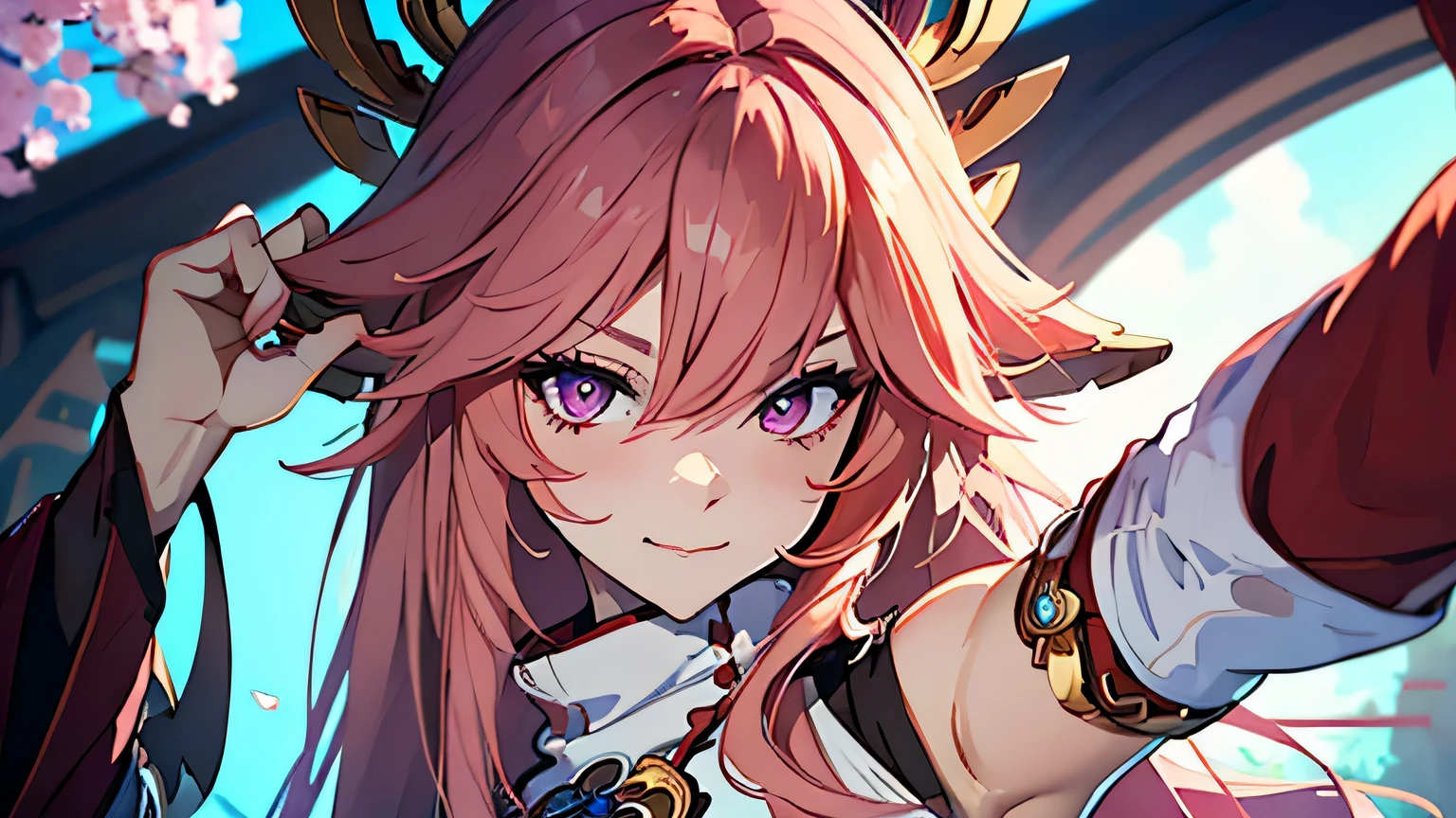 A smug narcissistic pink haired genie woman wearing a golden bra and pink puffy harem pants and lots of jewelry flaunting herself