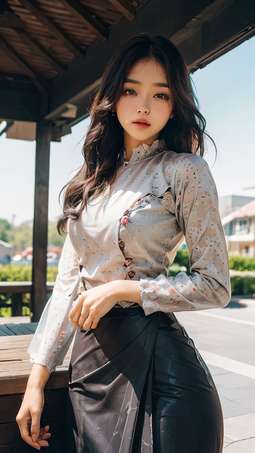 (8k, RAW Photo, Photorealistic: 1.25), (Lip Gloss, Eyelashes, Glossy Face, Glossy Skin, Best Quality, Ultra High Resolution, Depth of Field, Chromatic Aberration, Moisturized Lips, Ultra-Trimmed Face, Radiant Detailed Eyes, Black Hair, Semi-Long, 1 girl, wearing acmm top, red acmm top, long sleeves, wearing acmm long skirt, red acmm long skirt, printed skirt, outdoors, sun lighting.