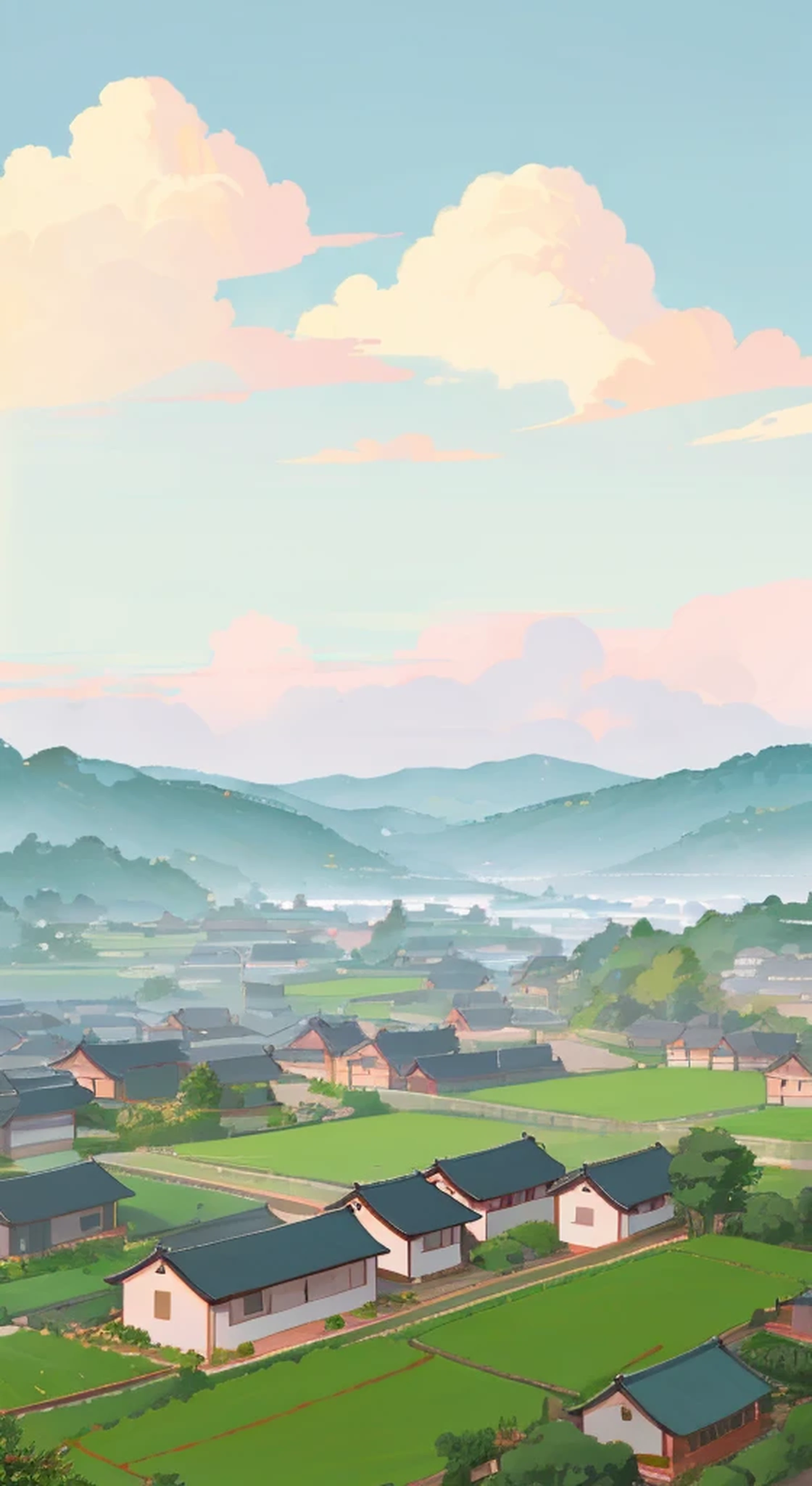 field painting,Distant village background,rain,Ching Ming Festival,cloudy day,swallow在空中飞翔,residential area,farmland,foreground leaves,swallow,overlooking angle