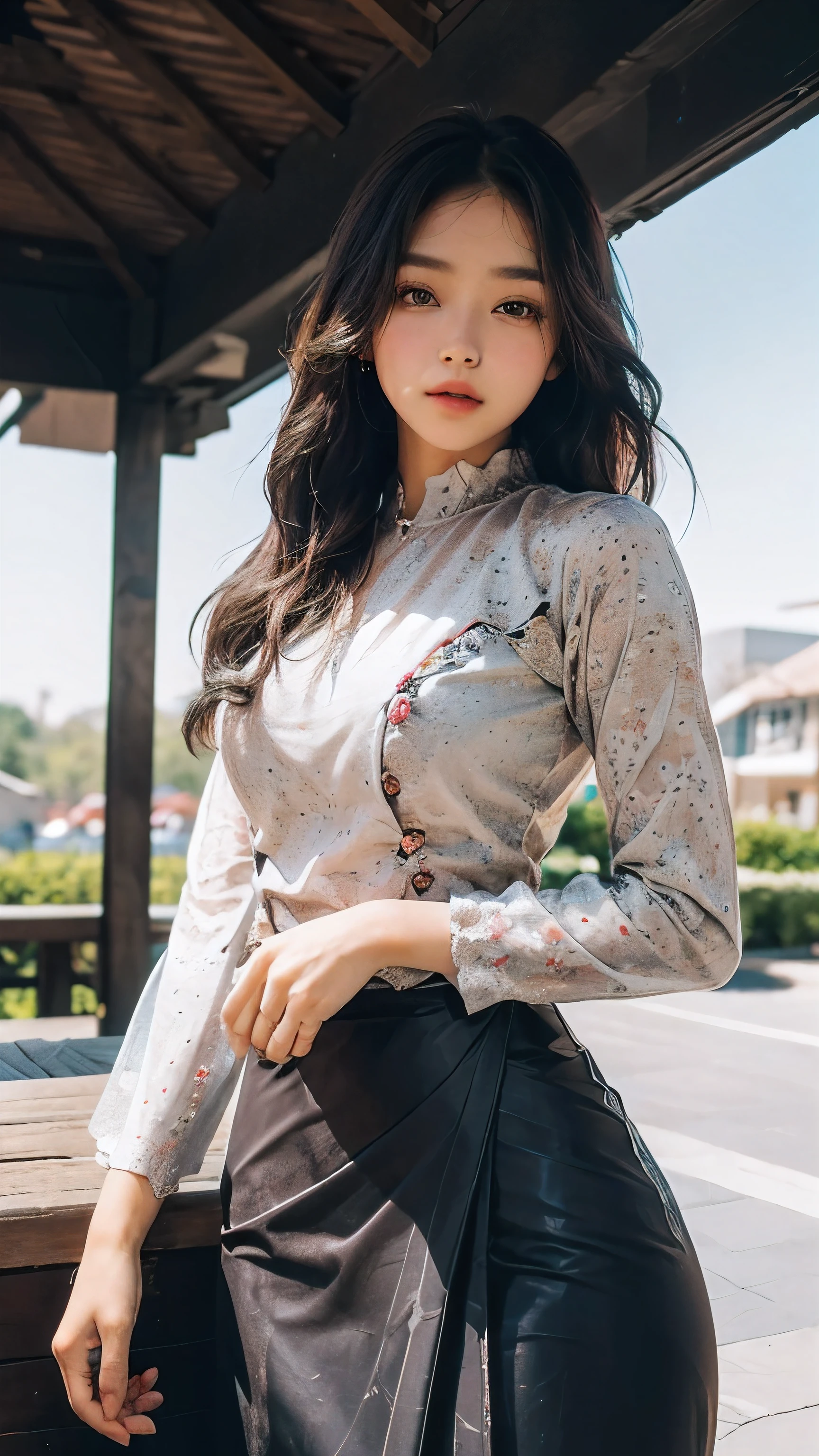 (8k, RAW Photo, Photorealistic: 1.25), (Lip Gloss, Eyelashes, Glossy Face, Glossy Skin, Best Quality, Ultra High Resolution, Depth of Field, Chromatic Aberration, Moisturized Lips, Ultra-Trimmed Face, Radiant Detailed Eyes, Black Hair, Semi-Long, 1 girl, wearing acmm top, red acmm top, long sleeves, wearing acmm long skirt, red acmm long skirt, printed skirt, outdoors, sun lighting.