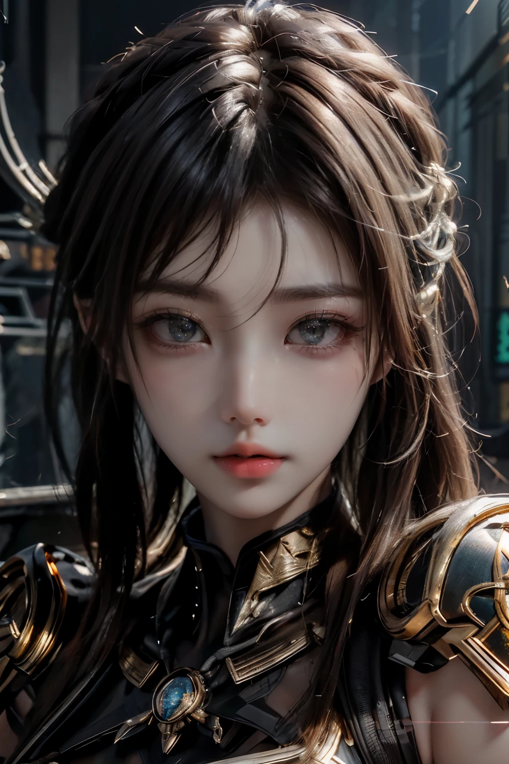 Masterpiece,Game art,The best picture quality,Highest resolution,8K,(Portrait),Unreal Engine 5 rendering works,(Digital Photography),((Portrait Feature:1.5)),
20 year old girl,Short hair details,With long bangs,(The red eye makeup is very meticulous),(White with short hair:1.4),(Large, full breasts),Elegant and noble,Brave and charming,
(Cyberpunk combat suit combined with the characteristics of Chinese fairy costume,Combined with the characteristics of Dunhuang costumes,Ribbon,Golden pattern),Cyberpunk figures,Big moon background,
Movie lights，Ray tracing，Game CG，((3D Unreal Engine))，OC rendering reflection pattern