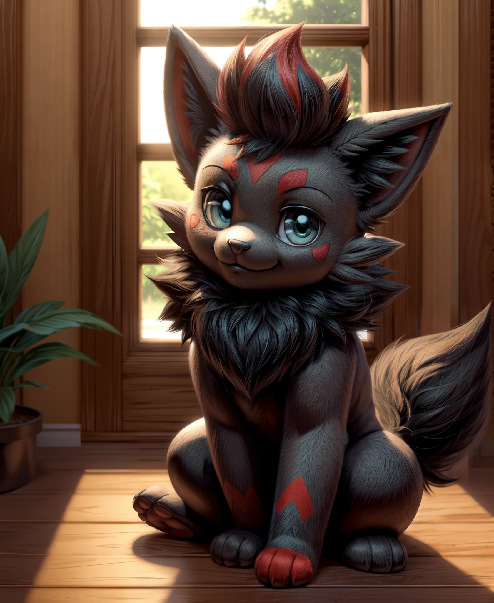 real e621, photorealistic, masterpiece, dark-gray Zorua_(pokemon), zorua_(pokemon) teal eyes, Zorua_(pokemon) red paws, black Zorua_(pokemon) hair, sitting, smiling at viewer, morning, sun shining through window, crepuscular rays,