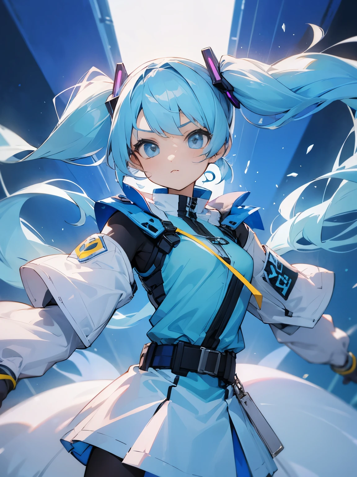 Hero cool girl long twintails light blue hair cool clothes