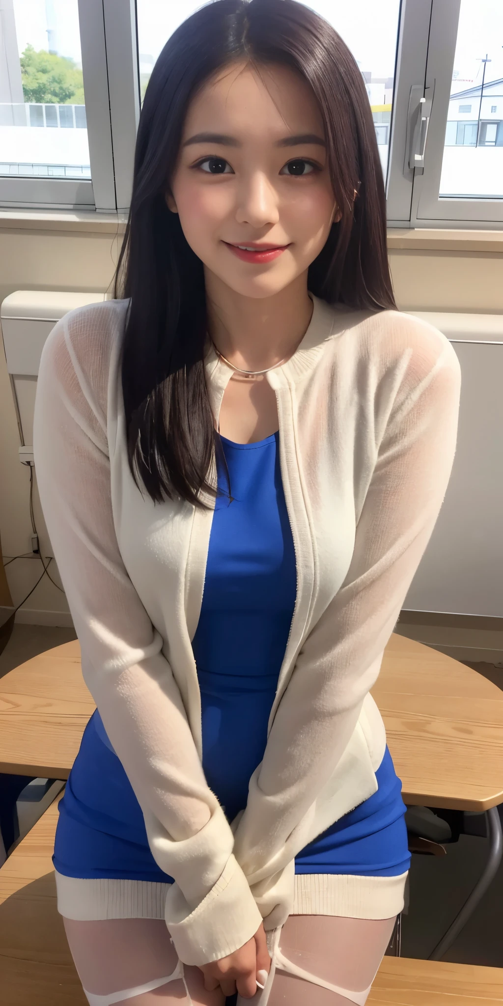 "Brown hair neatly tied up、wearing a one-piece miniskirt、A cute female announcer-like woman around 22 years old.、She wears beige pantyhose and works with a smile..。office lighting is soft、Her work tools are neatly arranged on the desk..。From her gestures and expressions、seriousness of work、You can feel feminine elegance at the same time.。.。through this scene、Please depict the multifaceted charm of modern women..。"