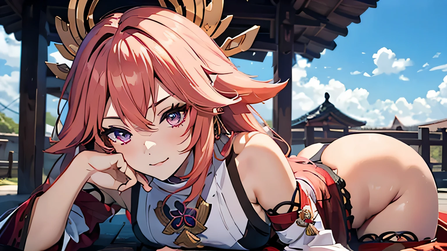 anime kitsune girl, pink hair, Yae Miko, Genshin Impact, seductive pose, high quality, detailed, high res, 4K