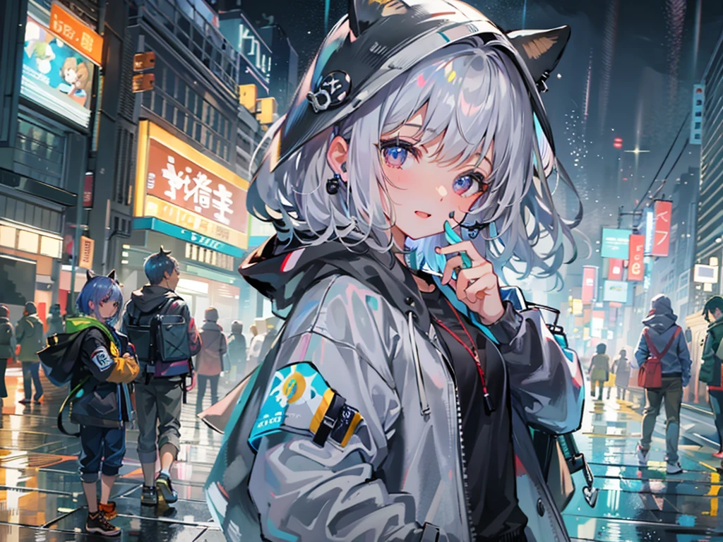 8k resolution、((top quality))、((Masterpiece))、((Super detailed))、1 female、solo、incredibly ridiculous、oversized hoodie、earphone、street、outdoor、rain、Neon lights、short hair、bright eye color、hands in pockets、shorts、water droplets