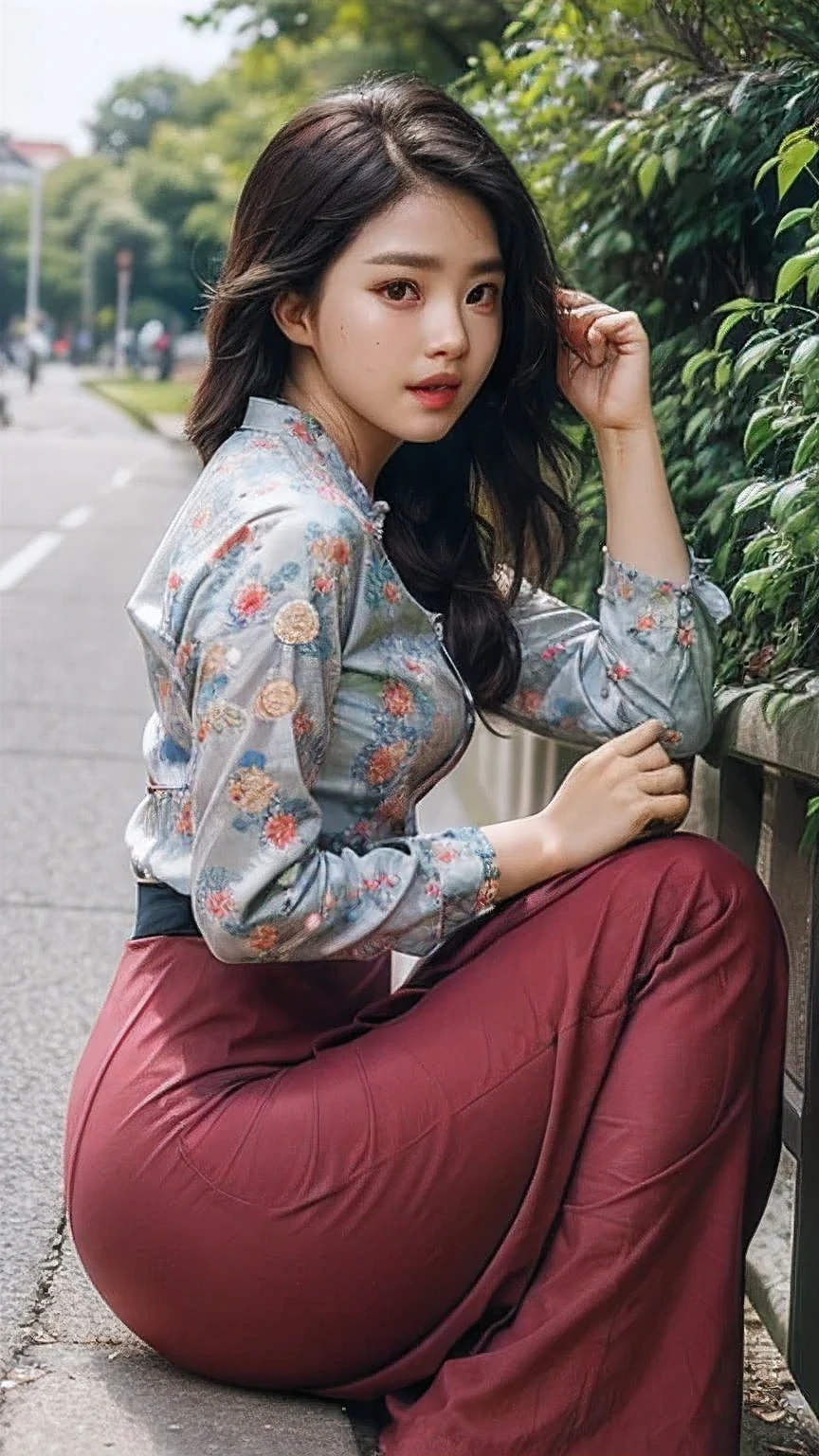 (8k, RAW Photo, Photorealistic: 1.25), (Lip Gloss, Eyelashes, Glossy Face, Glossy Skin, Best Quality, Ultra High Resolution, Depth of Field, Chromatic Aberration, Moisturized Lips, Ultra-Trimmed Face, Radiant Detailed Eyes, Black Hair, Semi-Long, 1 girl, wearing acmm top, red acmm top, long sleeves, wearing acmm long skirt, red acmm long skirt, printed skirt, outdoors, sun lighting.