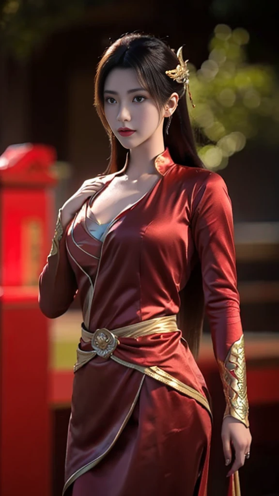 realistic, 1 women, best quality, 12k, HD, long hair, big round breasts, cleavage, ponytail, necklace, jewelry, shorts, short jacket, slim hips, hair tie, yellow eyes, black hair, super detailed, Eye details, hair details, person details, mouth details, face details, breast details, clothes details, hair details, pants details, hand details, whole body