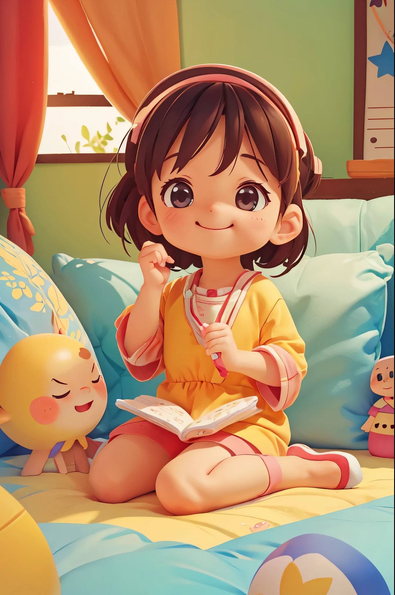 morning,Cute little girl rubbing her eyes,Sitting happily on the bed,smiling,Pixar style, best quality, stills,