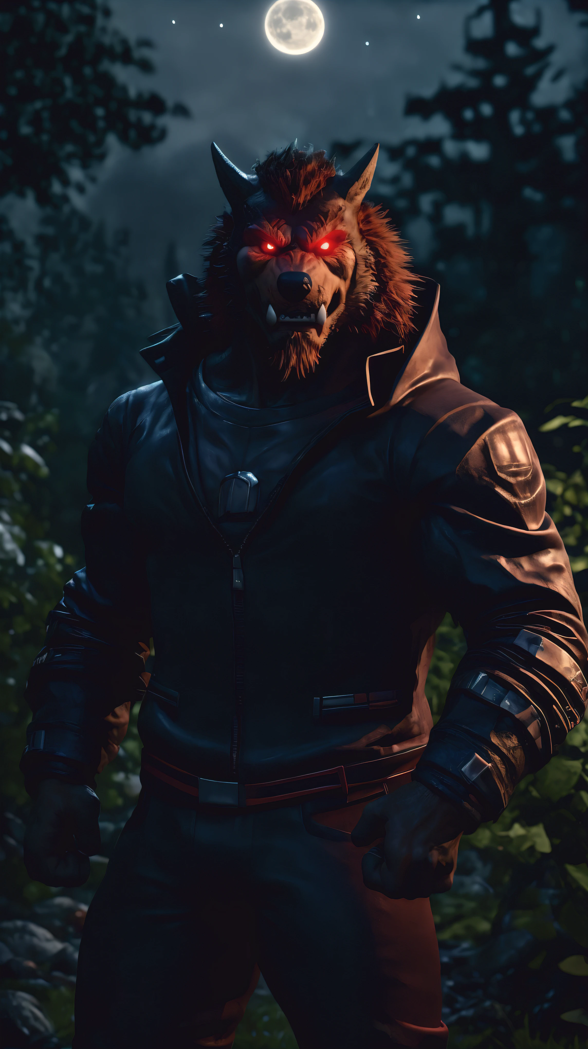 (best quality,8k,highres,masterpiece:1.2),ultra-detailed,(photorealistic:1.37),(the ultimate Orochi Chad) Glowing red eyes A super villain pose 3D realistic background of a forest At night with a full moon Looking into the viewer's soul Serious expression Wearing an original outfit