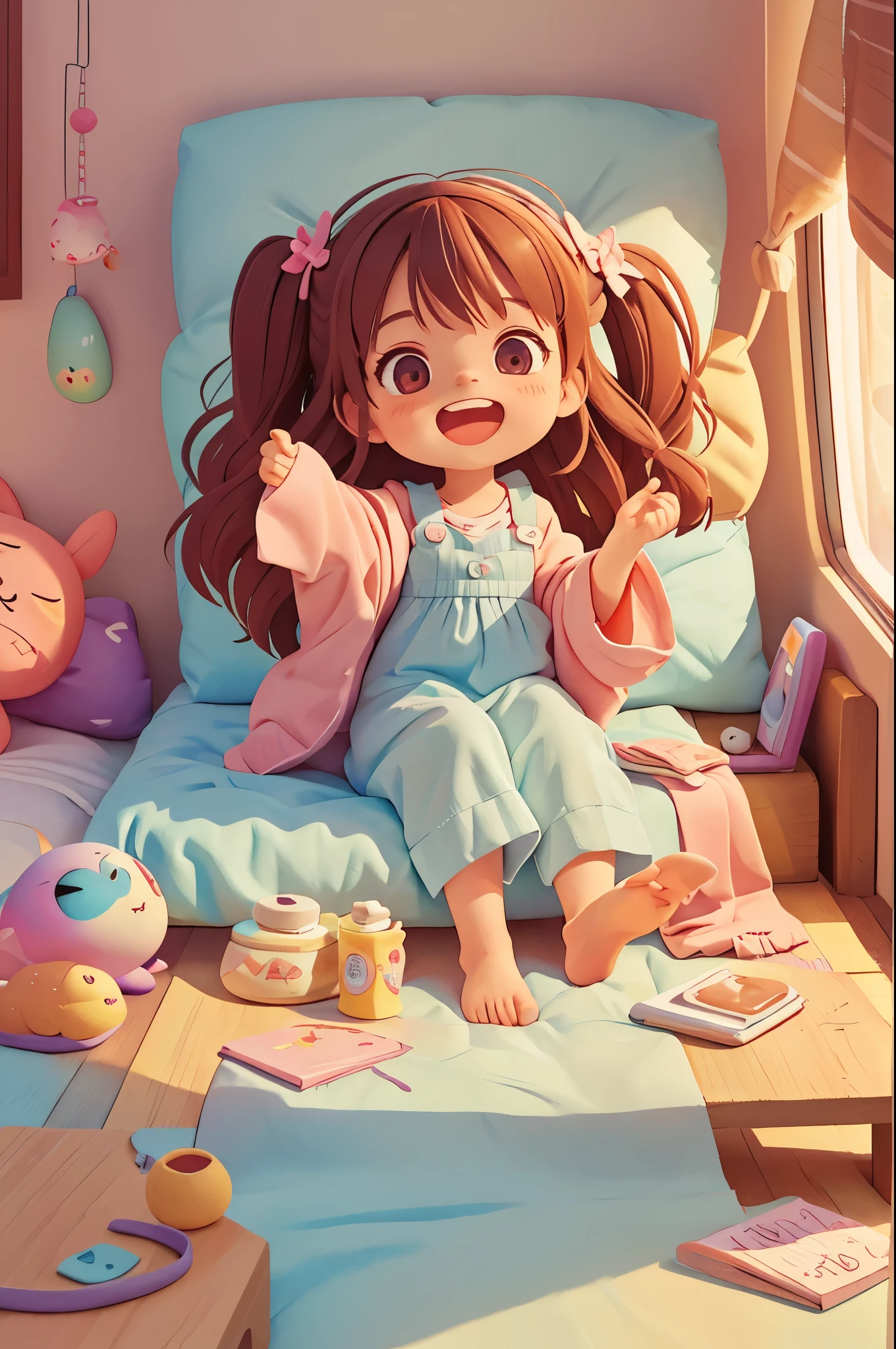 morning,Cute wakes up from sleep,She rubbed her eyes,discount yawn,Sitting happily on the bed,Smile,Pixar style, best quality, stills,