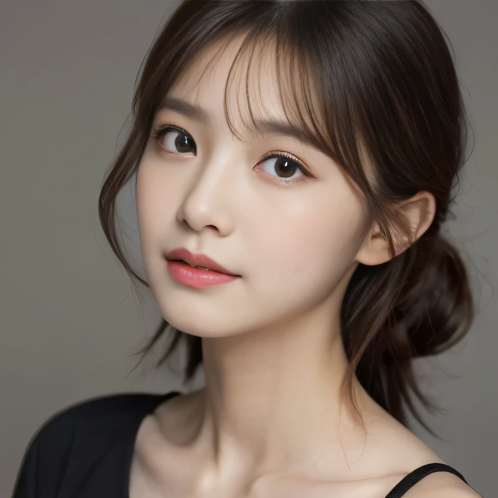 One woman sits, Looking down at a woman from above, woman looks at viewer,  looking at camera, beautiful clavicle, broad shoulders, Beautiful woman, 15 years old, viewer&#39;point of view, Shirt with visible collarbone, cute, look up, turn towards me, Emphasis on the clavicle, random hairstyle, beautiful eyes, double, Irojirou, like an idol, disco, 