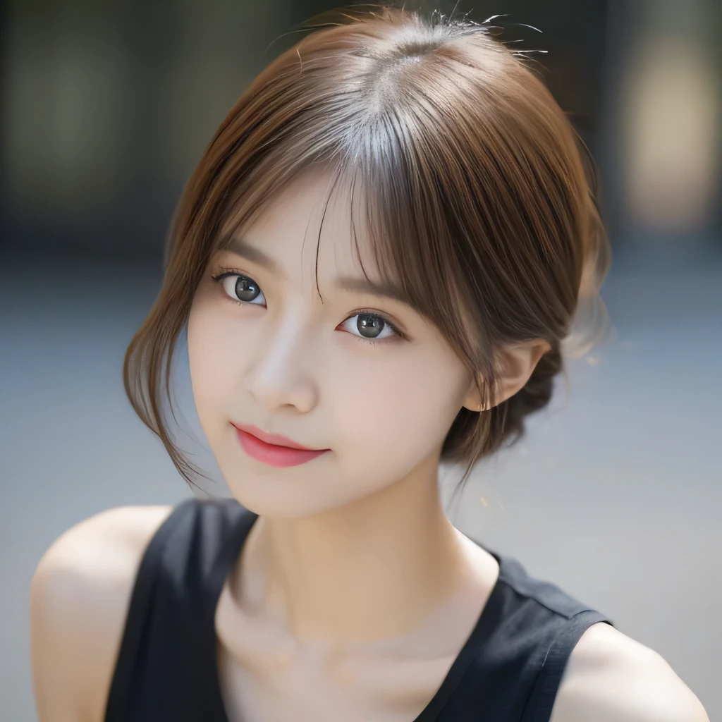 One woman sits, Looking down at a woman from above, woman looks at viewer,  looking at camera, beautiful clavicle, broad shoulders, Beautiful woman, 15 years old, viewer&#39;point of view, Shirt with visible collarbone, cute, look up, turn towards me, Emphasis on the clavicle, random hairstyle, beautiful eyes, double, Irojirou, like an idol, disco, 