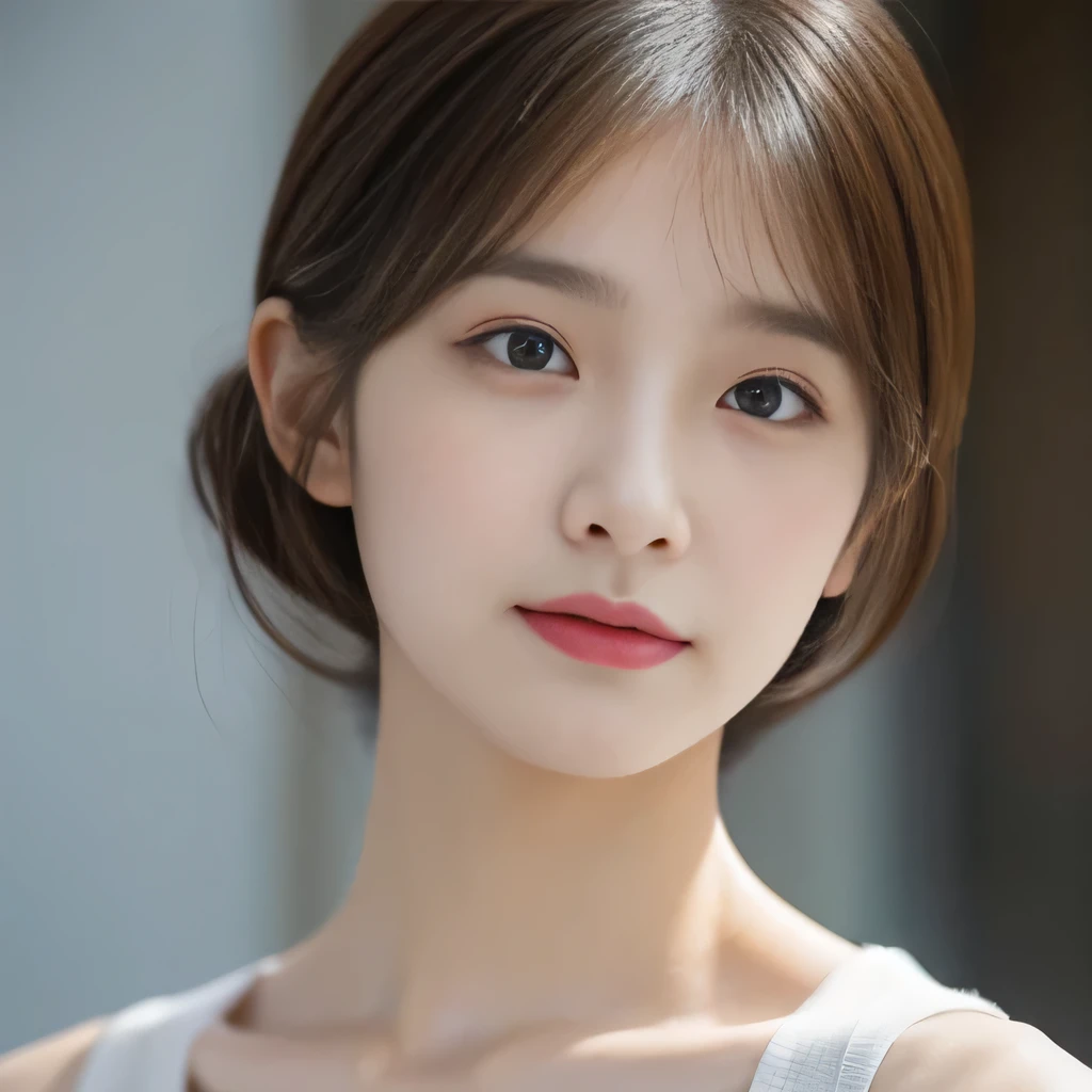 One woman sits, Looking down at a woman from above, woman looks at viewer, looking at camera, beautiful clavicle, broad shoulders, Beautiful woman, 15 years old, viewer'point of view, Shirt with visible collarbone, cute, look up, turn towards me, Emphasis on the clavicle, random hairstyle, beautiful eyes, double, Irojirou, like an idol, disco,
