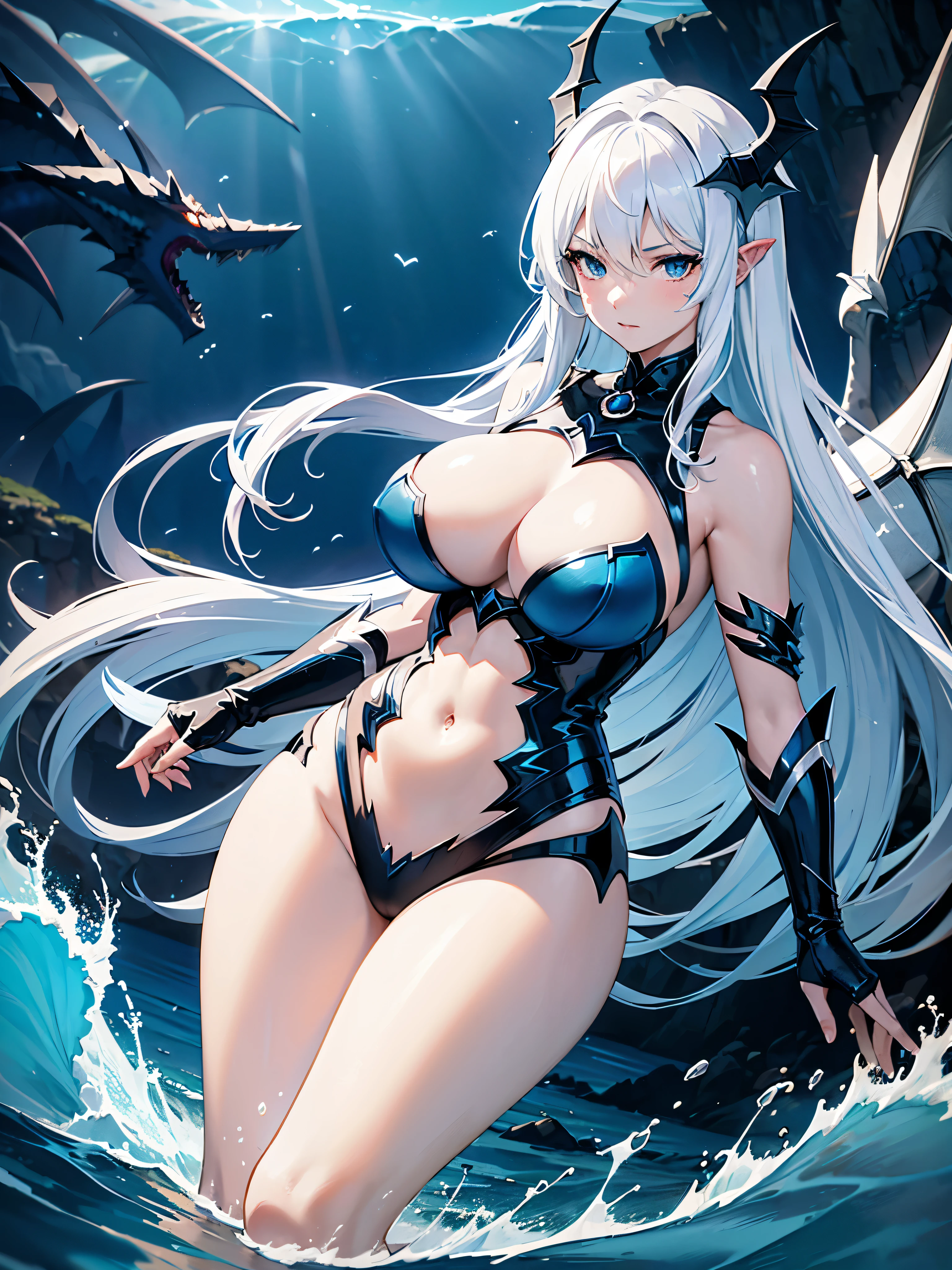 dragon girl , sea background, (girl is a dark knight, gray hair, lightning blue element.)  blue sea dragon, epic visual effects, Ultra HD, Quality color is so perfect, sexy중년여성 , alone , big bust , wide hips, sexy , dragon tail, Dragon's Wings