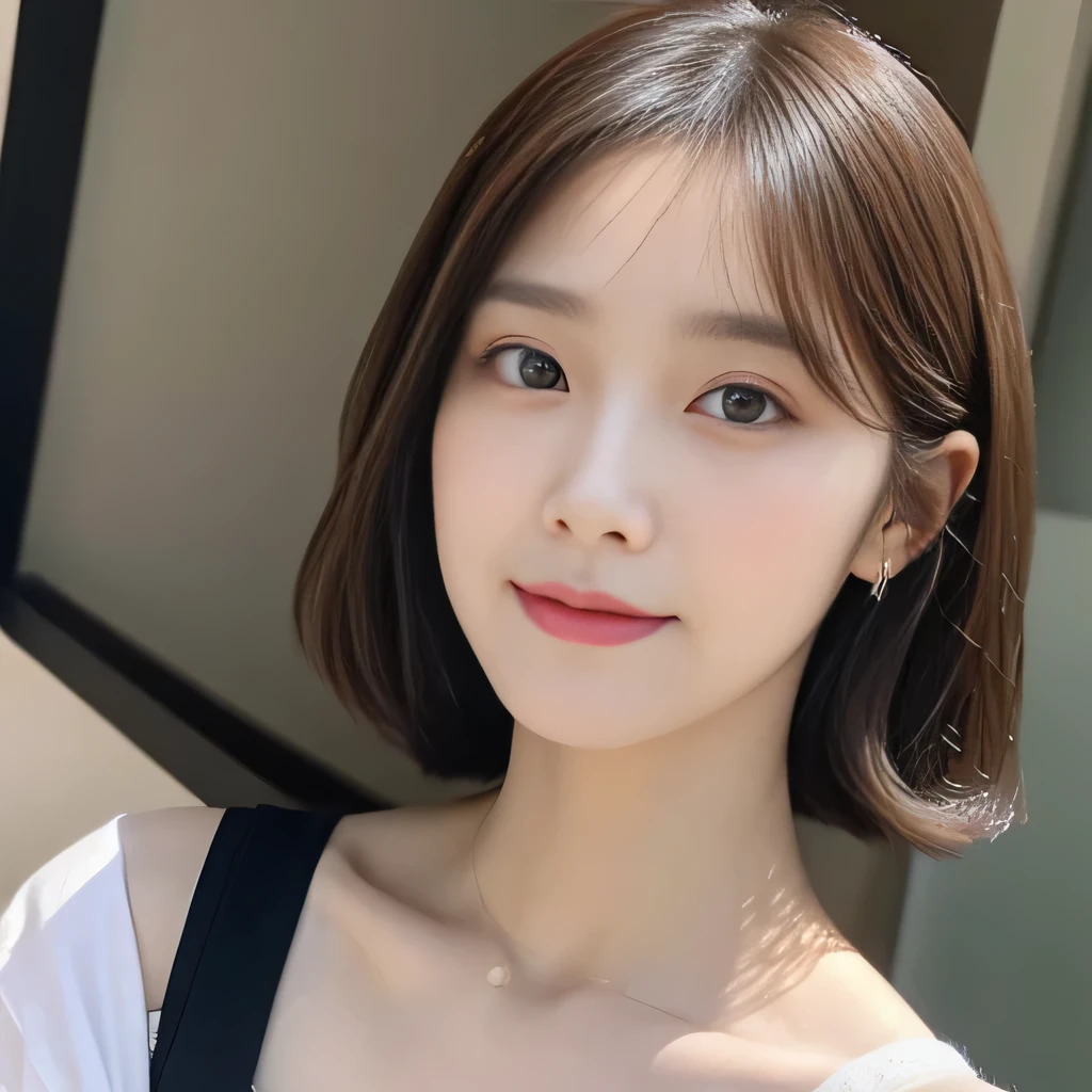 One woman sits, Looking down at a woman from above, woman looks at viewer, looking at camera, beautiful clavicle, broad shoulders, Beautiful woman, 15 years old, viewer'point of view, Shirt with visible collarbone, cute, look up, turn towards me, Emphasis on the clavicle, random hairstyle, beautiful eyes, double, Irojirou, like an idol, disco,