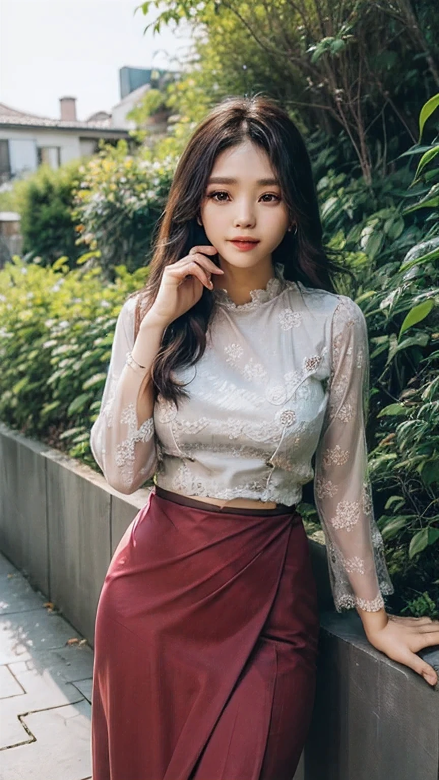 (8k, RAW Photo, Photorealistic: 1.25), (Lip Gloss, Eyelashes, Glossy Face, Glossy Skin, Best Quality, Ultra High Resolution, Depth of Field, Chromatic Aberration, Moisturized Lips, Ultra-Trimmed Face, Radiant Detailed Eyes, Black Hair, Semi-Long, 1 girl, wearing acmm top, red acmm top, long sleeves, wearing acmm long skirt, red acmm long skirt, printed skirt, outdoors, sun lighting.
