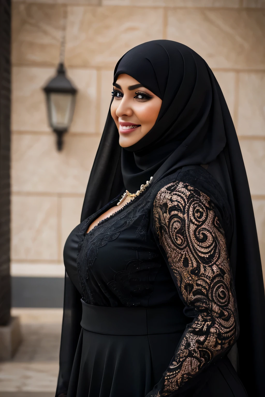 moda gorda, a beautiful 60 year old Arab woman, curvy body, usando um hijab preto, usando um niaq PRETO, usando burca, Realista, Gordinho, intricado, hyper Realista, 8K, intricadoly detailed, cinematic, stunning Realista photography, rosto perfeitamente detalhado, altamente detalhado, vibrante, pele natural, Textura de pele real, octane rendering, cabelo branco, cara feliz, neckless, pulseiras, lindo atemporal, linda coxa, USANDO BLUSA DE RENDA PRETA, sorridente, Vista lateral