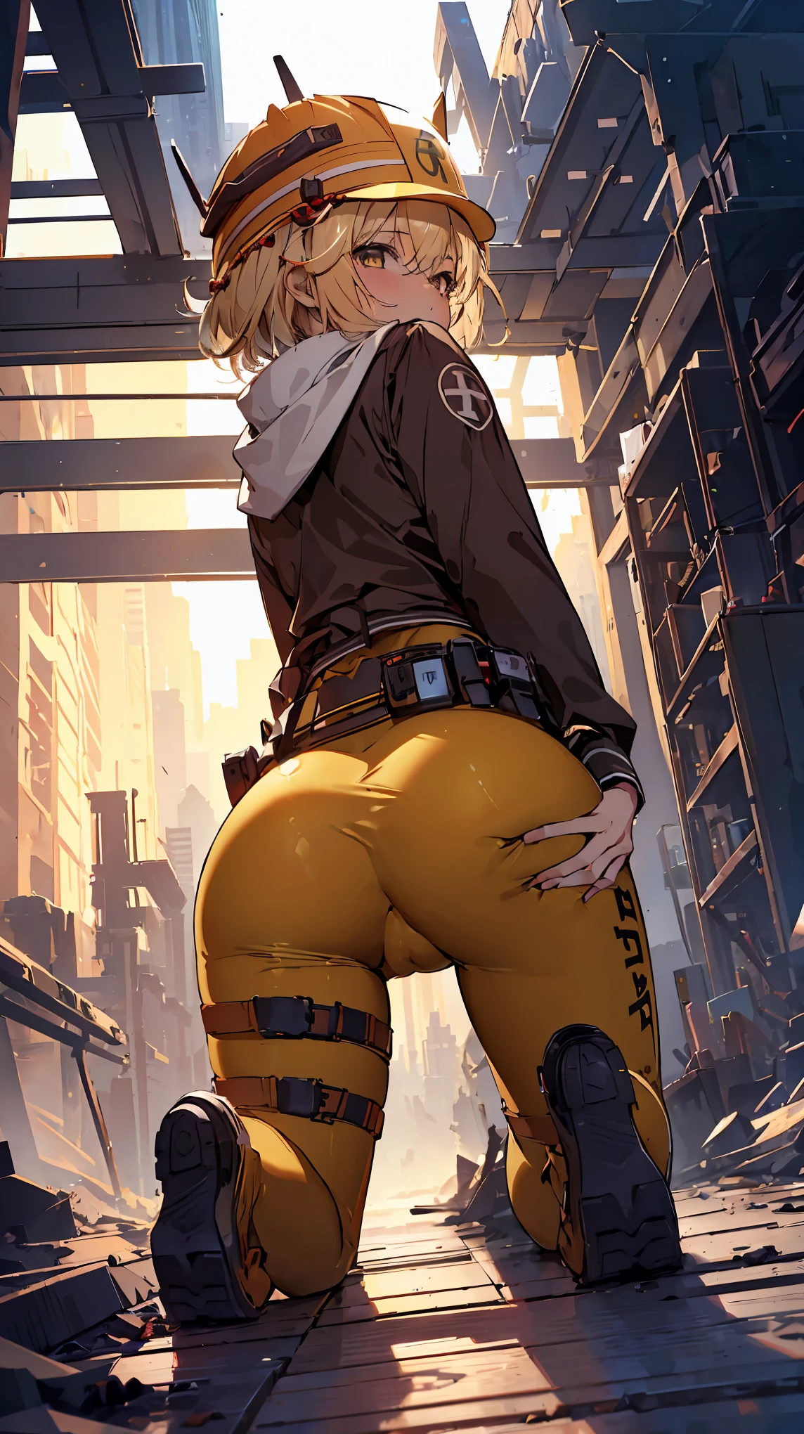 nikkeliter,1girl,solo,blonde hair,very short hair,yellow eyes,helmet,jacket,(yellow zentai),belt,((short stature)),((flat chest)),cameltoe,cowboy shot,(((raise ASS:1.3))),(ass focus,from behind:1.3),(looking back,all fours:1.3),top-quality,Top image quality,perfect anatomy,masterpiece,ultra-detailliert,Beautiful、ultra-quality, best quality,high resolution, ultra-detailed,game cg,dutch angle ,beautiful detailed eyes, visualart,five fingers, perfect hands,