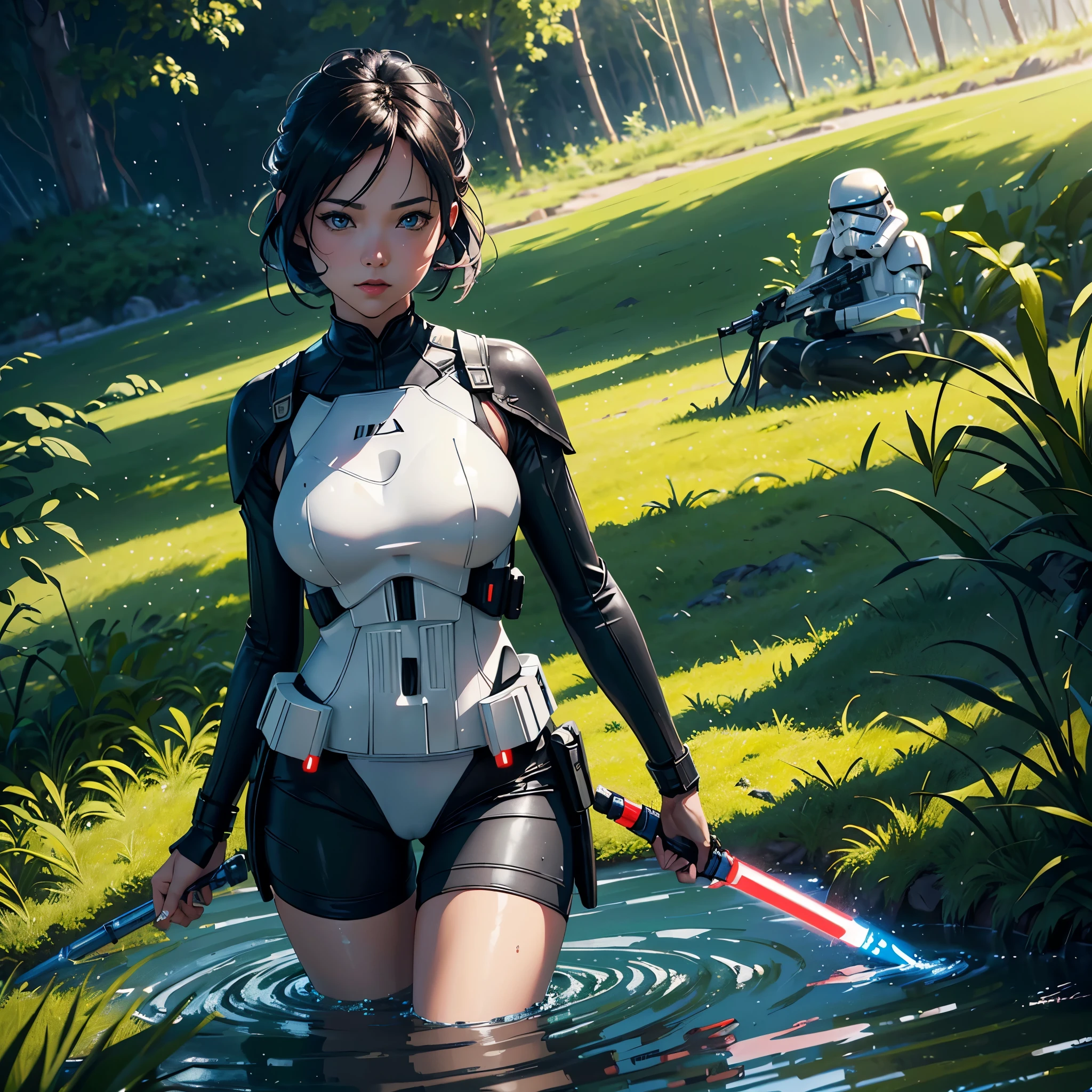 A (sexy lightsaber wielding Jedi( battles (Imperial Storm Troopers) in a Rice Paddy, Setting Star Wars (best quality,4k,8k,highres,masterpiece:1.2),ultra-detailed,(realistic,photorealistic,photo-realistic:1.37), HDR, UHD, studio lighting, extreme detail description, professional, vivid colors, bokeh, portraits, landscape, sci-fi, concept art, vibrant colors, dynamic lighting