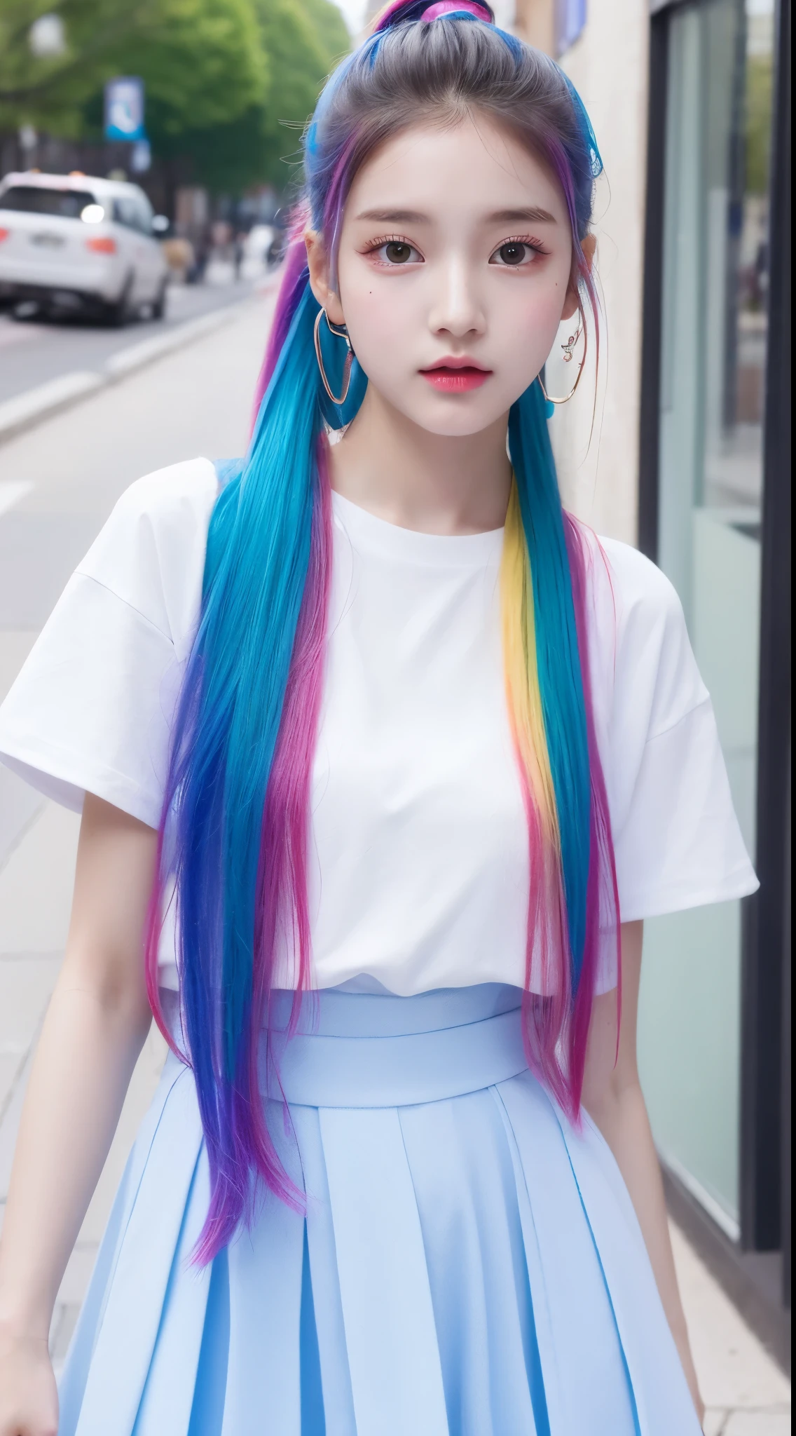4k、highest quality、table top、cute realistic girl、face like an idol、rainbow colored hair、high ponytail、Girls Fashion、in the street