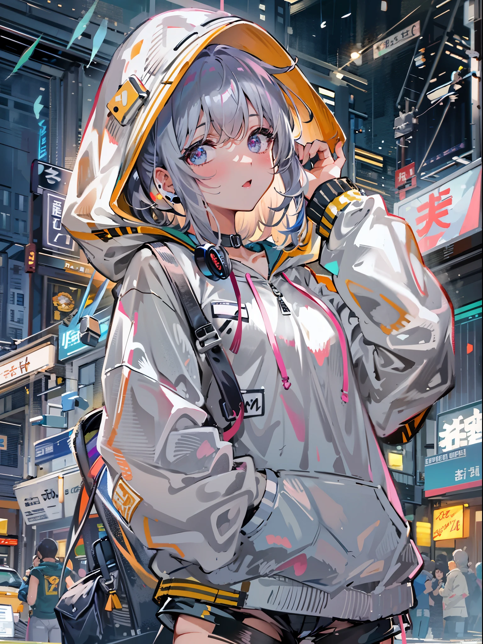 8k resolution、((top quality))、((Masterpiece))、((Super detailed))、1 female、solo、incredibly ridiculous、oversized hoodie、earphone、street、outdoor、rain、Neon lights、short hair、bright eye color、hands in pockets、shorts、water droplets
