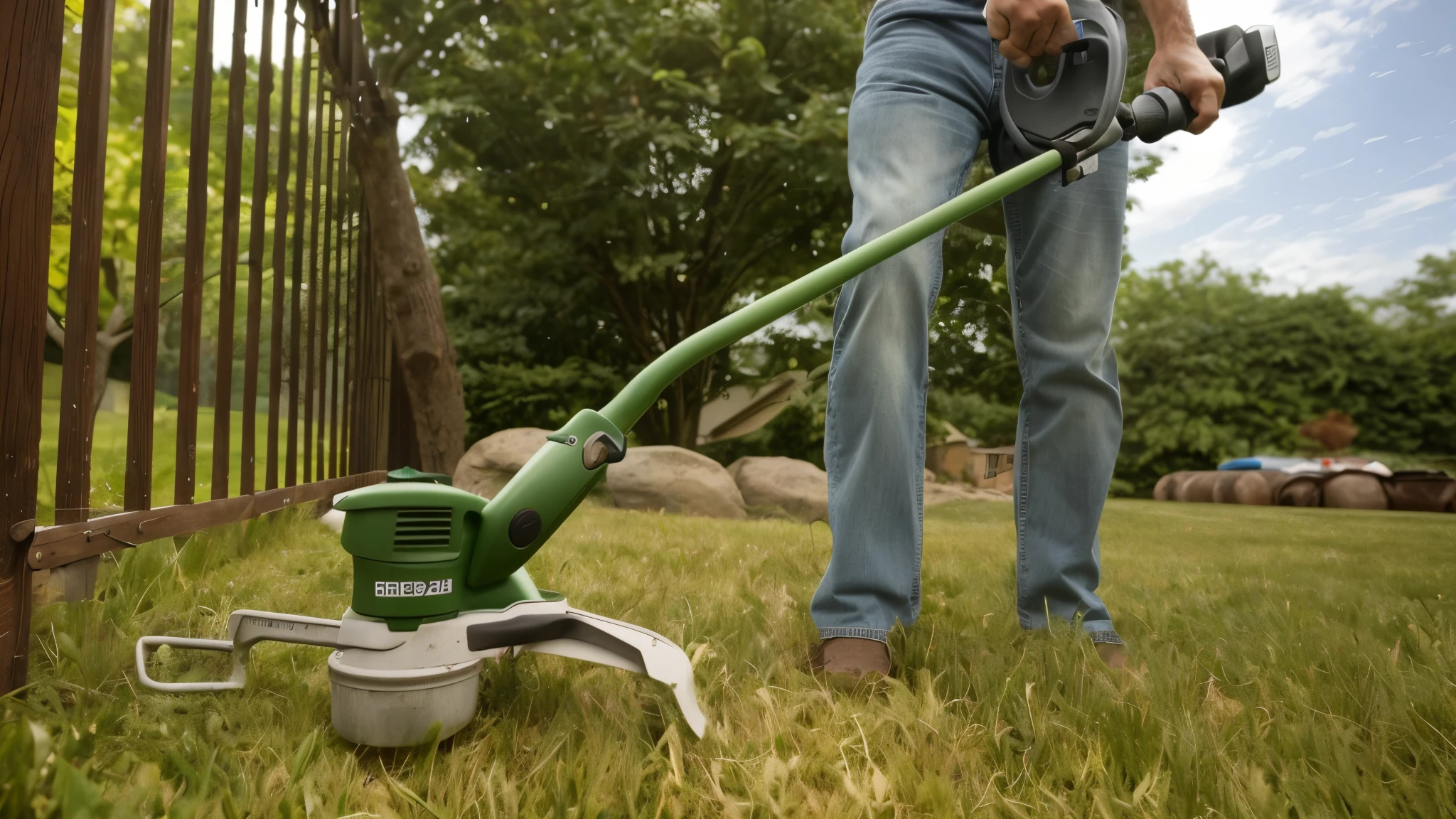arafed man using a string trimmer to trim a grassland, gardening, Clear and smooth lines, smooth strokes, Clear and smooth lines, with a lush grass grassland, Amazing details, Clear details, Perfect details, Strong writing power, accurately depict, Super detailed, grassland, Trimmed, Heartbreakingly beautiful, Crisp and sharp, 3 4 5 3 1