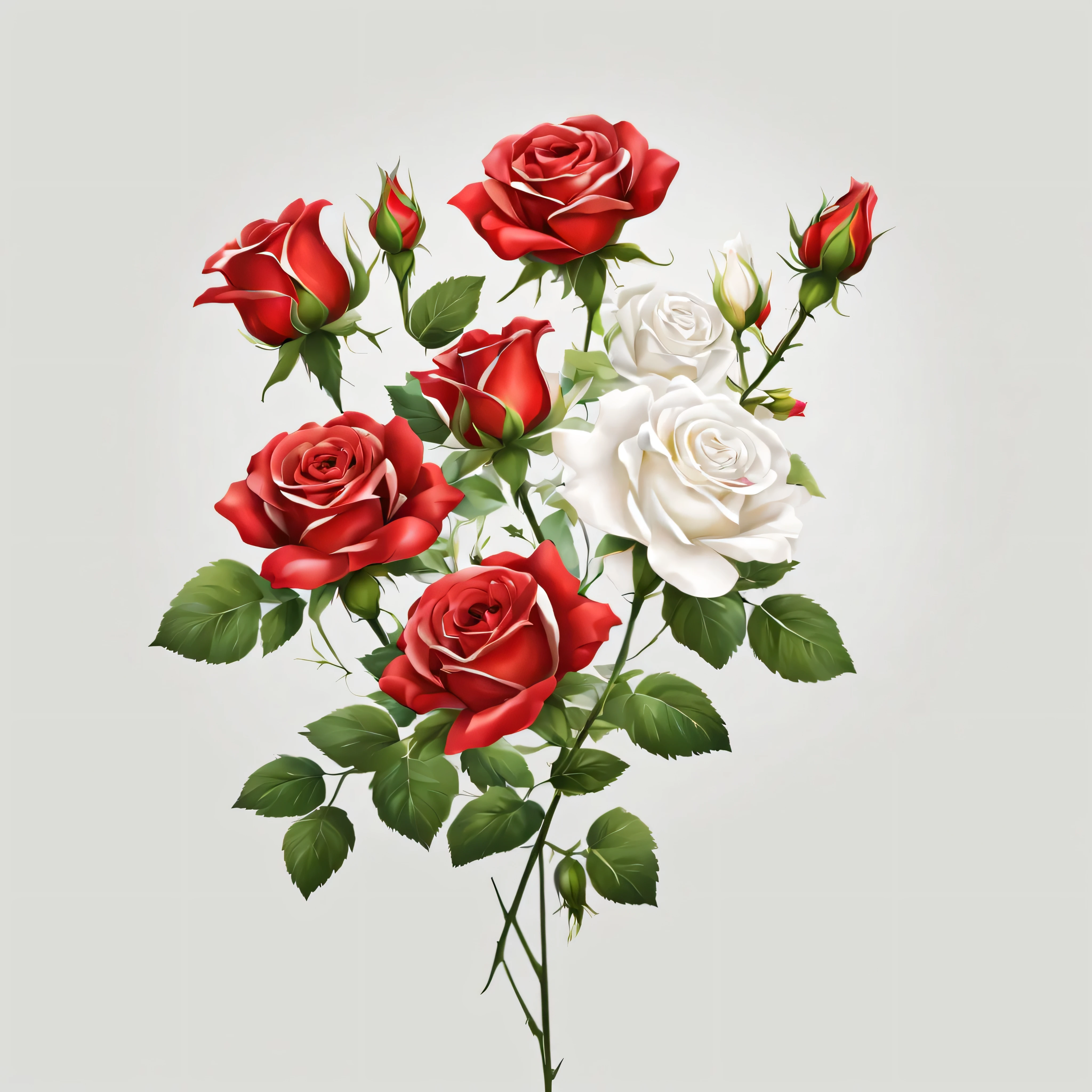 create a graphic design. small white and red roses, interwind, colorful art, vibrant scene, no background