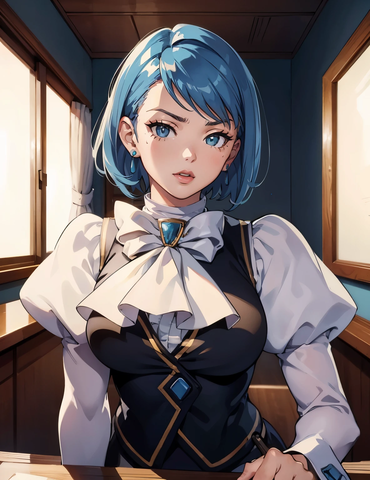 (best quality,4k,8k,high resolution,masterpiece:1.2),super detailed,(actual,realistically,realistically:1.37), Ultra high definition face, Fraction_9, Fraction_8, Fraction_7, src_Japanese cartoons,
Japanese cartoons, official art,
score_General,
Franziska von Karma, 
Vest, White shirt, pencil skirt, 1girl, alone, office, Close-up of a woman posing for a photo, large breasts, large , biggest breast, huge breast, thin waist, fitness model, rosy cheeks, sweat