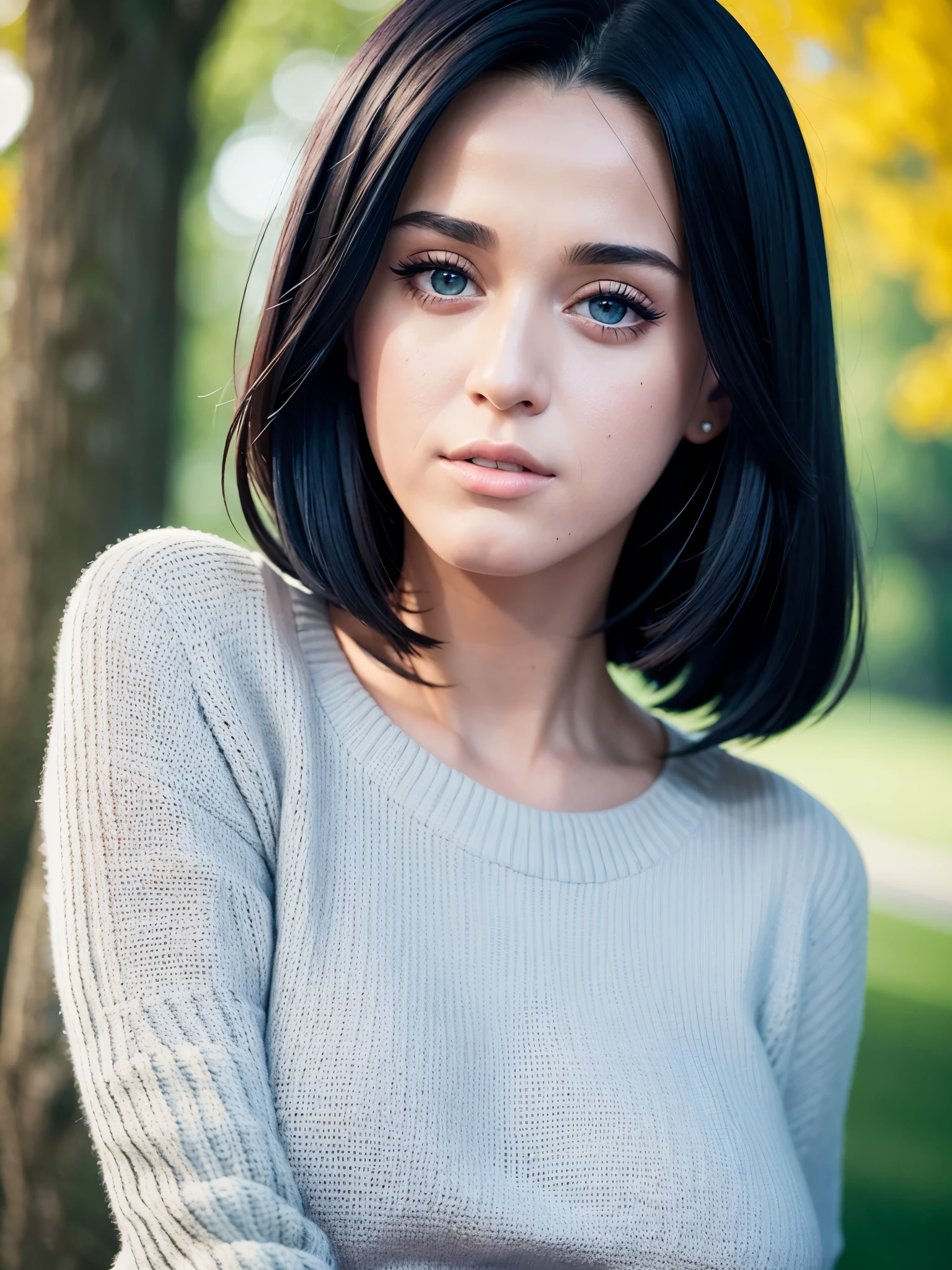 Katy Perry in a sweater, portrait, Beautiful face, Beautiful eyes, outside, portrait, park, trees, teeth, eyes are open, winning photo, Best quality, Upper body, JenniferConnelly, Photo film Nikon D850 4 Camera Kodak 400 F1.6 lenses, rich colors, hyper realistic realistic texture, daylight, trending on artstation Cinestill 800, (Lens 100mm)