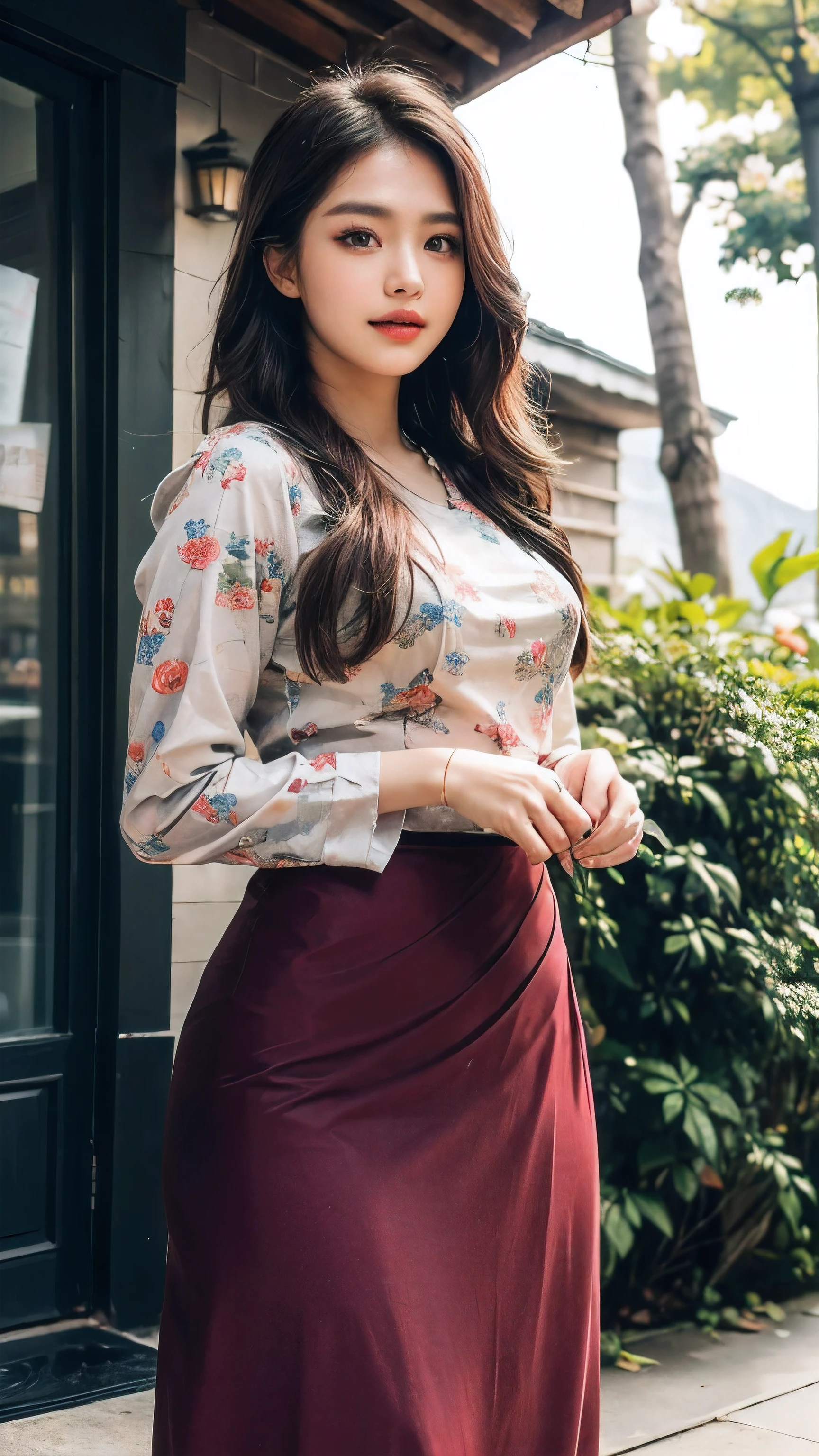 (8k, RAW Photo, Photorealistic: 1.25), (Lip Gloss, Eyelashes, Glossy Face, Glossy Skin, Best Quality, Ultra High Resolution, Depth of Field, Chromatic Aberration, Moisturized Lips, Ultra-Trimmed Face, Radiant Detailed Eyes, Black Hair, Semi-Long, 1 girl, wearing acmm top, red acmm top, long sleeves, wearing acmm long skirt, red acmm long skirt, printed skirt, outdoors, sun lighting.