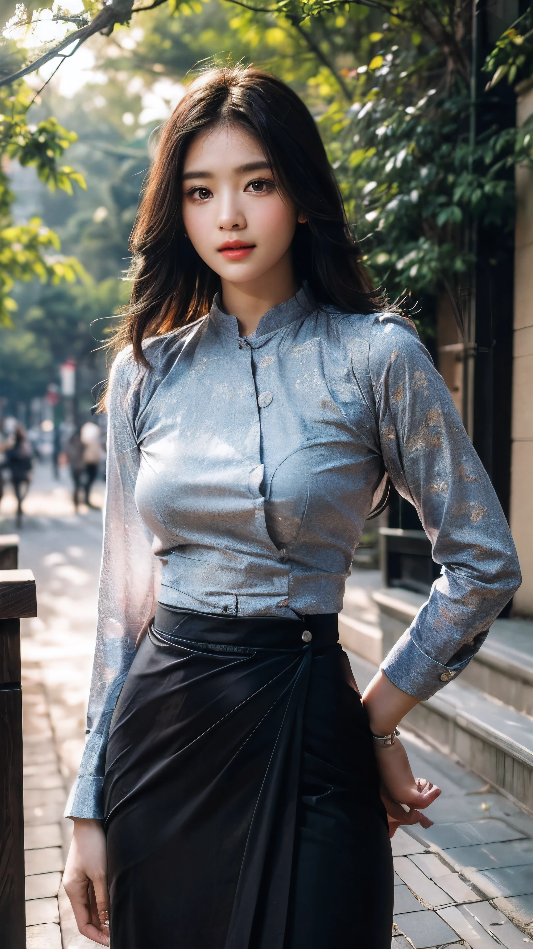 (8k, RAW Photo, Photorealistic: 1.25), (Lip Gloss, Eyelashes, Glossy Face, Glossy Skin, Best Quality, Ultra High Resolution, Depth of Field, Chromatic Aberration, Moisturized Lips, Ultra-Trimmed Face, Radiant Detailed Eyes, Black Hair, Semi-Long, 1 girl, wearing acmm top, red acmm top, long sleeves, wearing acmm long skirt, red acmm long skirt, printed skirt, outdoors, sun lighting.