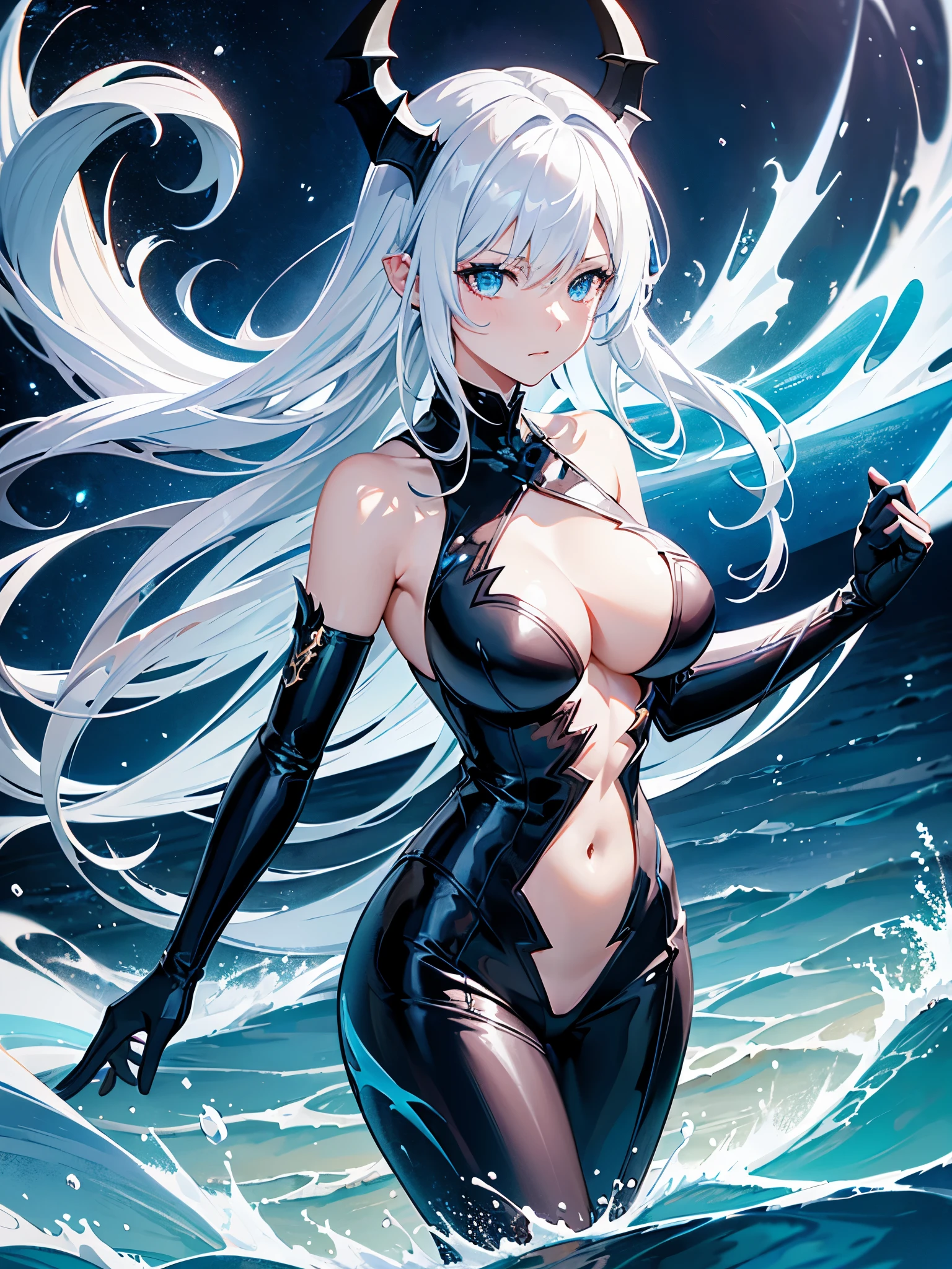 Dragon  girl , sea background, (girl a dark knight, white hair, lightning blue element.)  blue sea dragon, epic efect visual, ultra HD, Quality Colour so perfect, milf , solo , large breasts , wide hips, sexy , (dragon tail), (dragon wing) , 