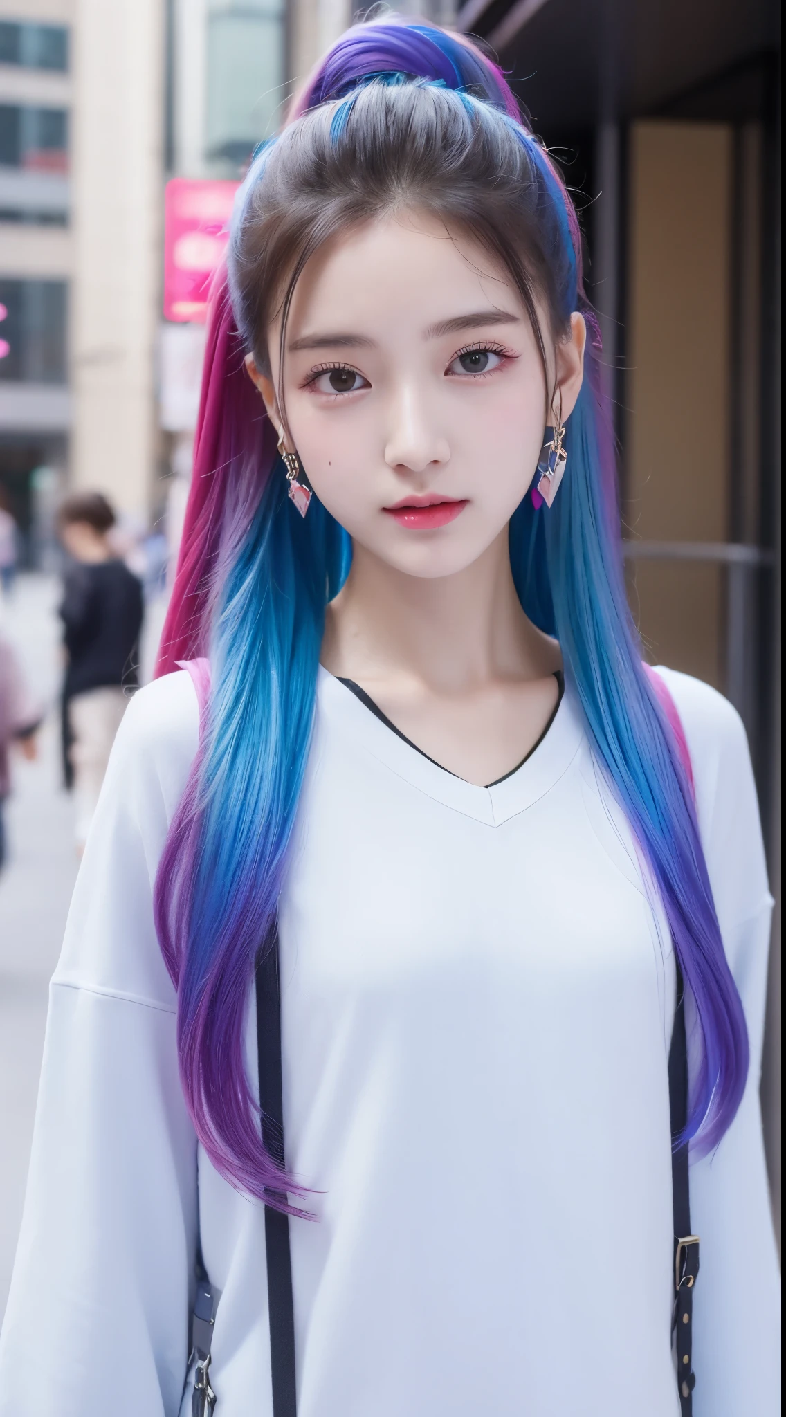 4k、highest quality、table top、cute realistic girl、face like an idol、rainbow colored hair、high ponytail、Girls Fashion、in the street
