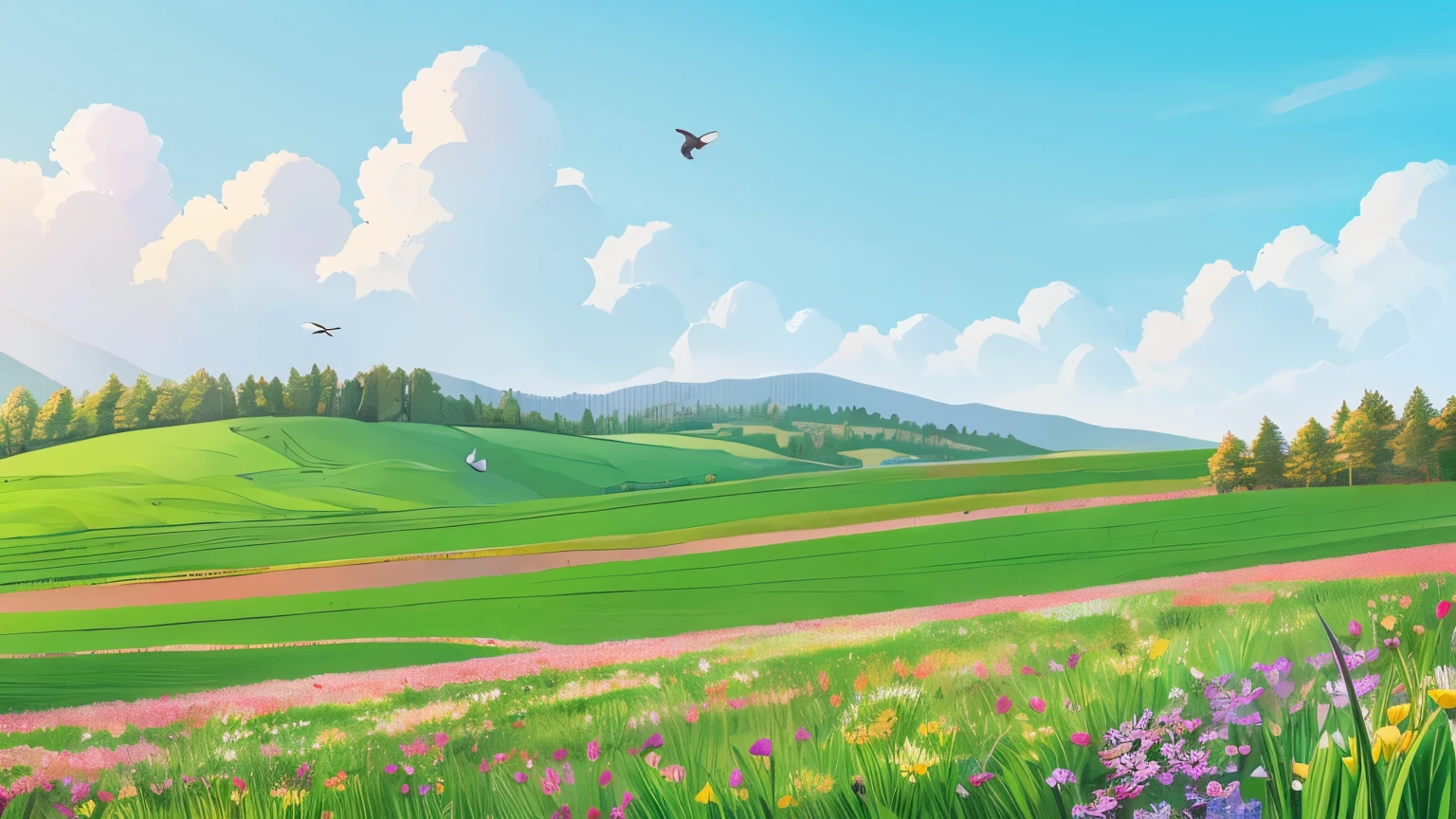 field,hill,flowers are blooming,spring,An illustration,bird,refreshing