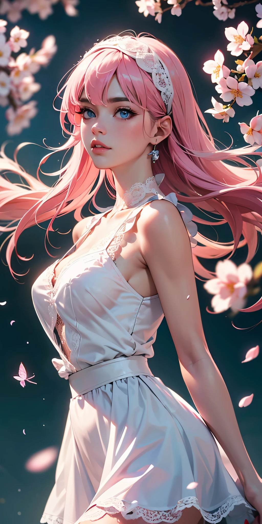 (CG unity 8k wallpaper extremely detailed) (better quality) (better lighting) (an extremely delicate and beautiful) (floating) (beautiful) (spring atmosphere) (1girl) (long pink hair), (hair headband), (detailed and beautiful blue eyes), ((very short white dress, pink lace underside), (lace), ((light transparent silk))), (cherry blossom petals), (butterflies), (dof), (volumetric light) cinematic lighting, chromatic aberration, Sony FE GM, textured skin, high details, highres, 8k