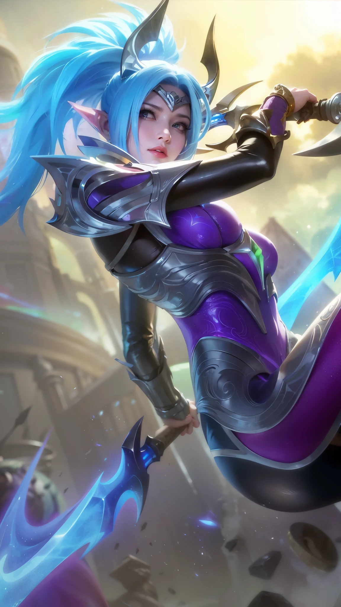(8k, RAW photo, photorealistic:1.25) ,( lipgloss, eyelashes, gloss-face, glossy skin, best quality, ultra highres, depth of field, chromatic aberration, caustics, Broad lighting, natural shading,) looking at viewer with a serene and goddess-like happiness, a close up of a woman with blue hair holding a sword, leblanc, irelia, irelia from league of legends, ashe, extremely detailed artgerm, official splash art, splash art, artgerm lau, ig model | artgerm, league of legends character, inspired by Yi Inmun, style artgerm, character splash art.