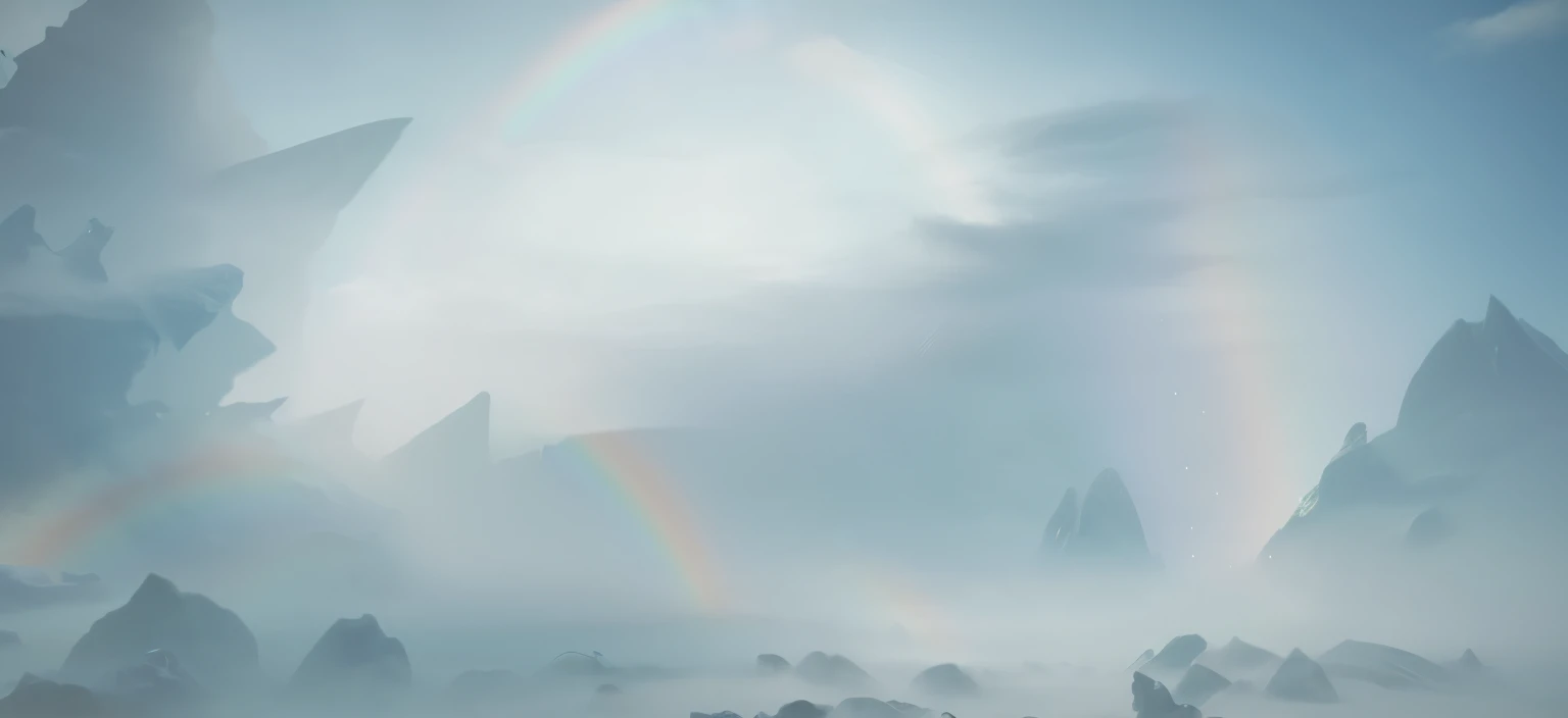 There are rainbows in the sky, Elegant rainbow rain clouds, icy tundra background, ethereal background, Ethereal stills, rainbow background, ethereal Milky white mist, ethereal scenery, ethereal rainbows, Tragen, Octane presents a  rainbow, Matte Arcane Dota Pixar, Milky white mist